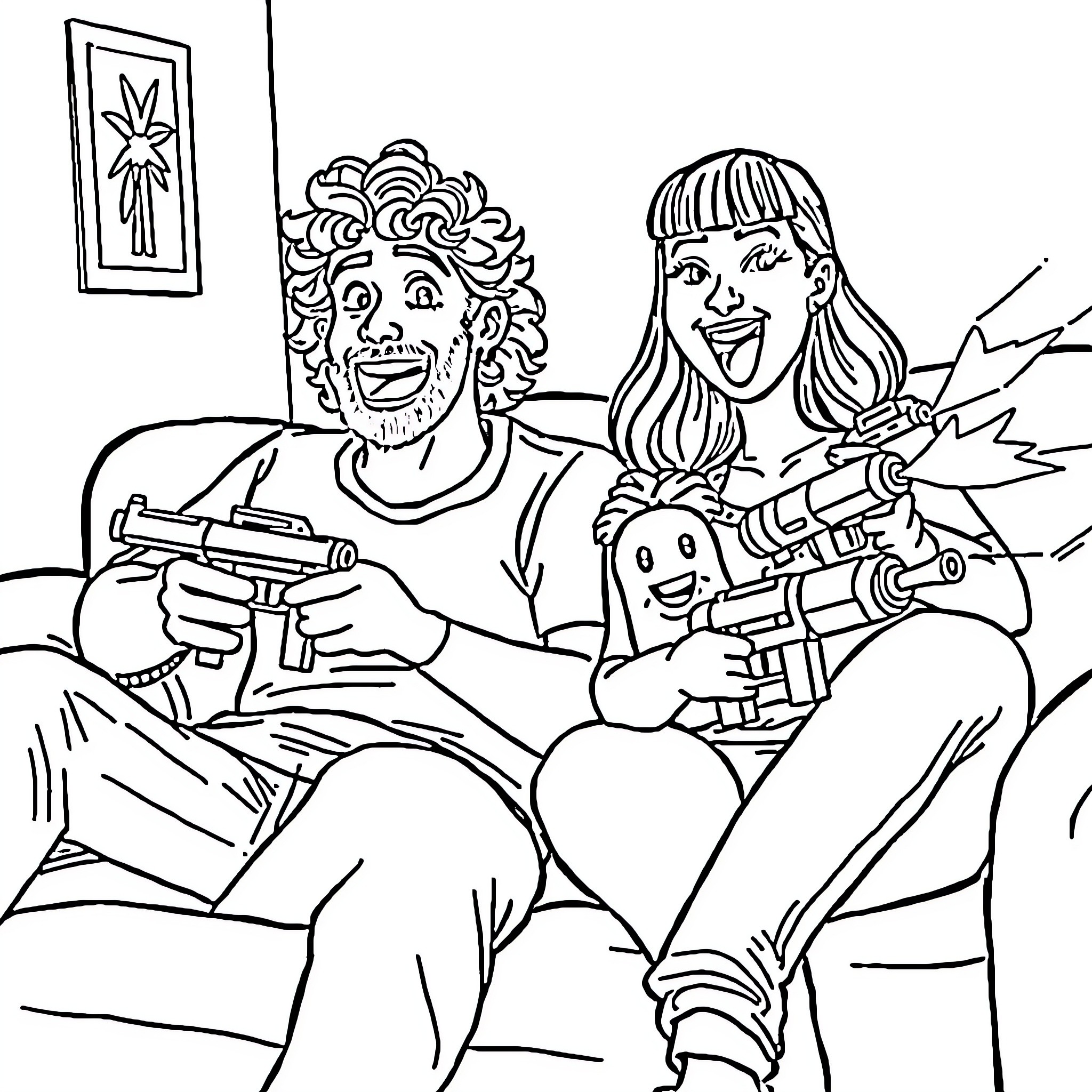Man and Woman Playing Video Games Coloring Page (free black-and-white line drawing printable PDF for all, from beginners to advanced learners, including children, teens, adults, and seniors)