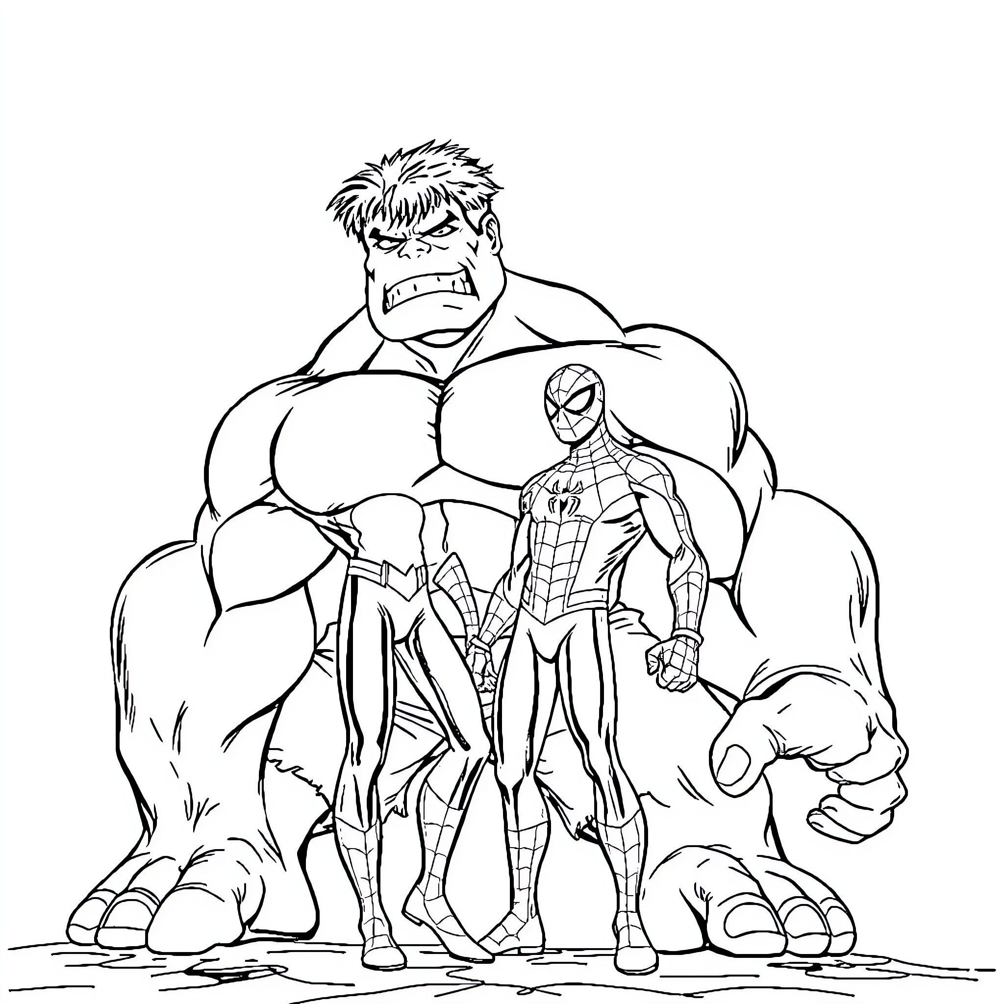 Spider-Man and the Hulk standing together Coloring Page (free black-and-white line drawing printable PDF for all, from beginners to advanced learners, including children, teens, adults, and seniors)