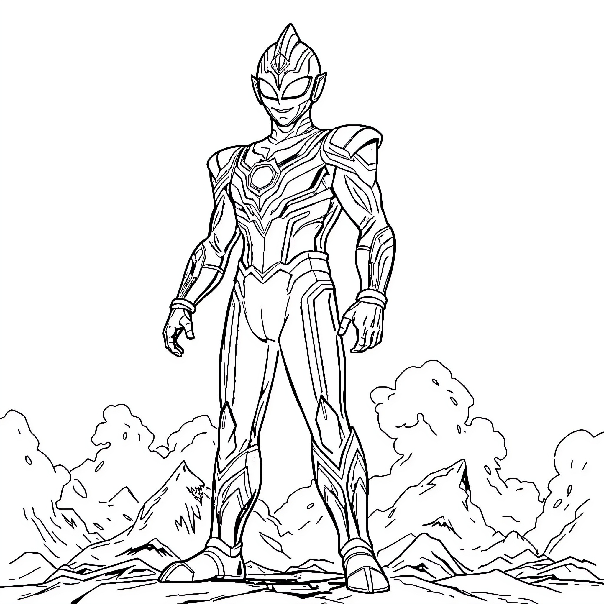 Ultraman heroic stance amid destruction Coloring Page (free black-and-white line drawing printable PDF for all, from beginners to advanced learners, including children, teens, adults, and seniors)