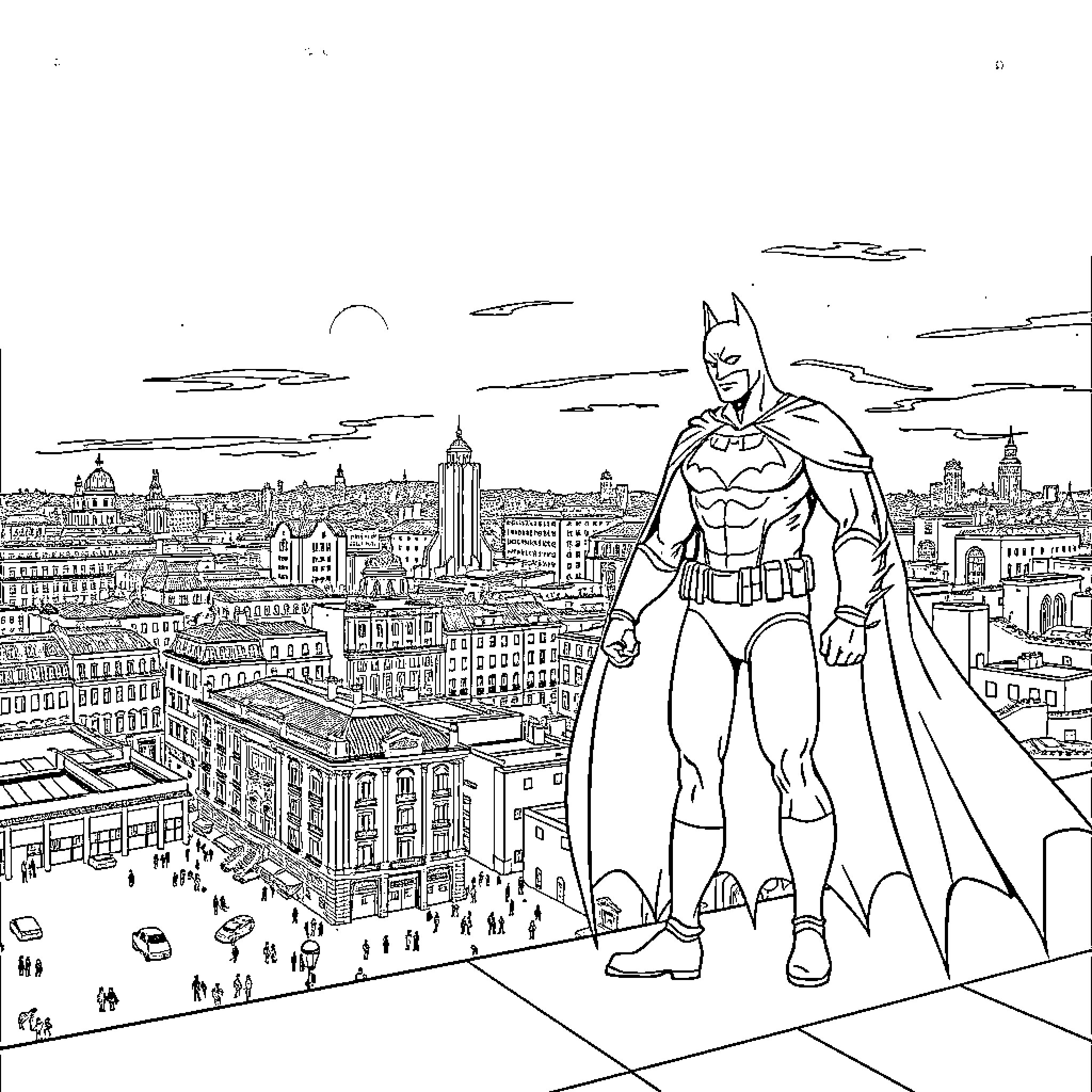 Batman overlooking the city skyline Coloring Page (free black-and-white line drawing printable PDF for all, from beginners to advanced learners, including children, teens, adults, and seniors)