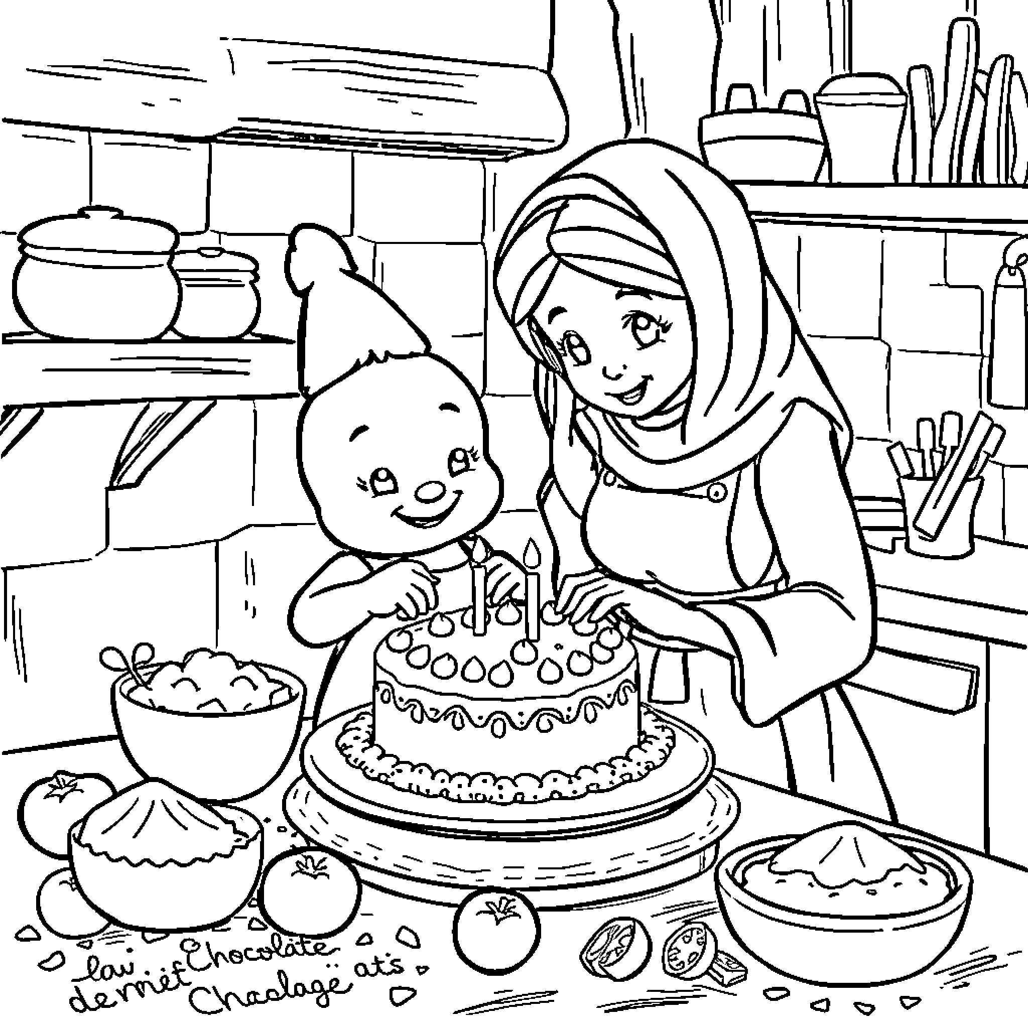 Tchoupi and Mom Baking a Delightful Cake Coloring Page (free black-and-white line drawing printable PDF for all, from beginners to advanced learners, including children, teens, adults, and seniors)