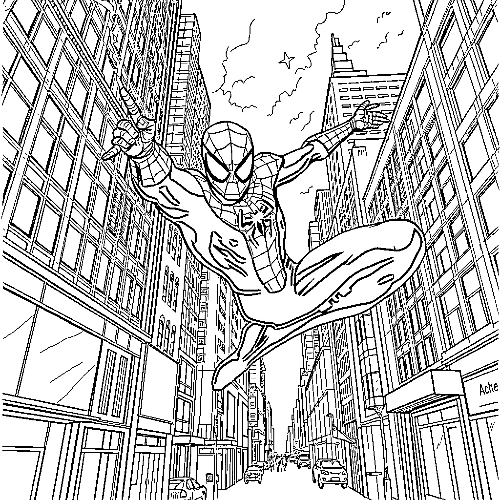 Spiderman swinging through the city in action Coloring Page (free black-and-white line drawing printable PDF for all, from beginners to advanced learners, including children, teens, adults, and seniors)