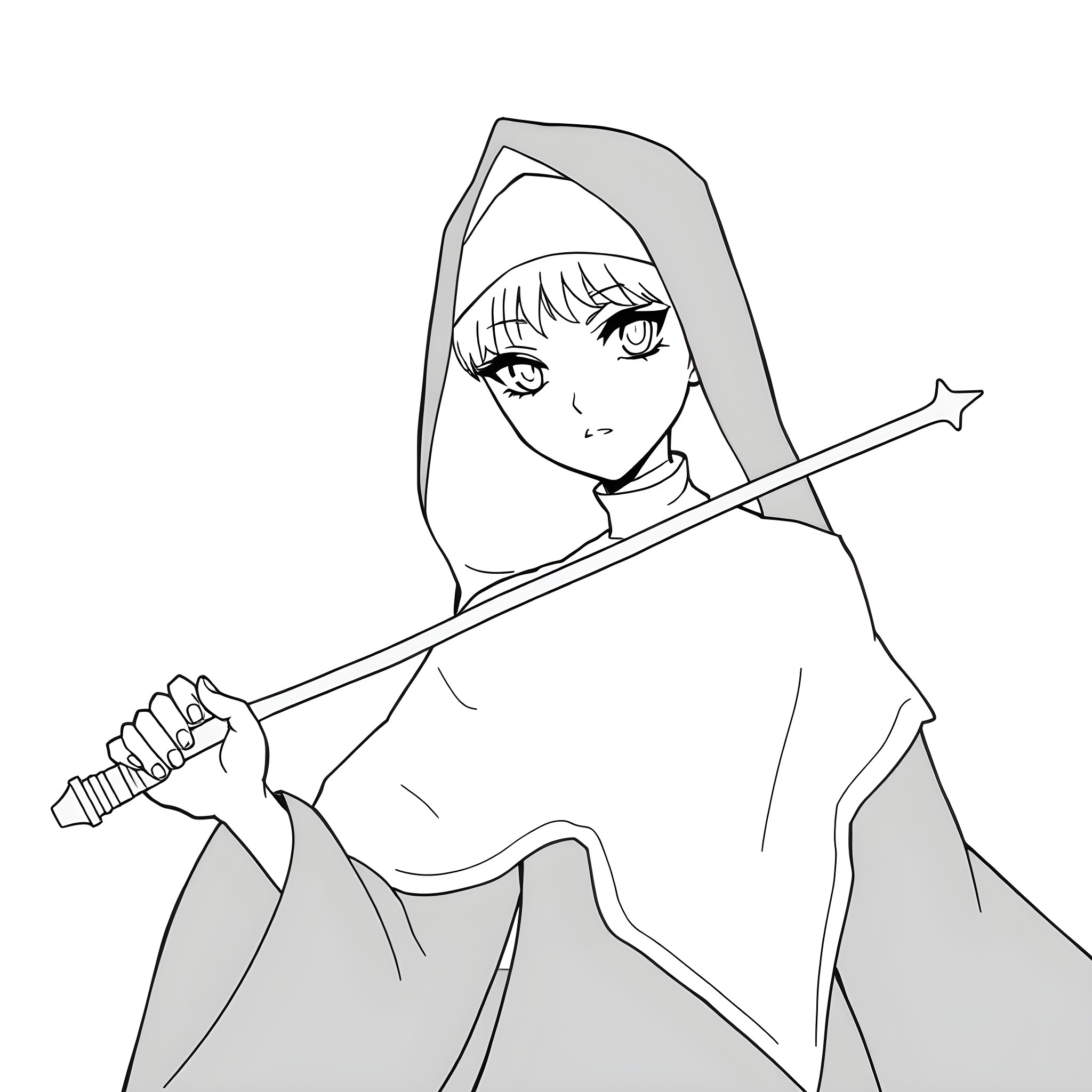 Vampire wielding a magical wand Coloring Page (free black-and-white line drawing printable PDF for all, from beginners to advanced learners, including children, teens, adults, and seniors)