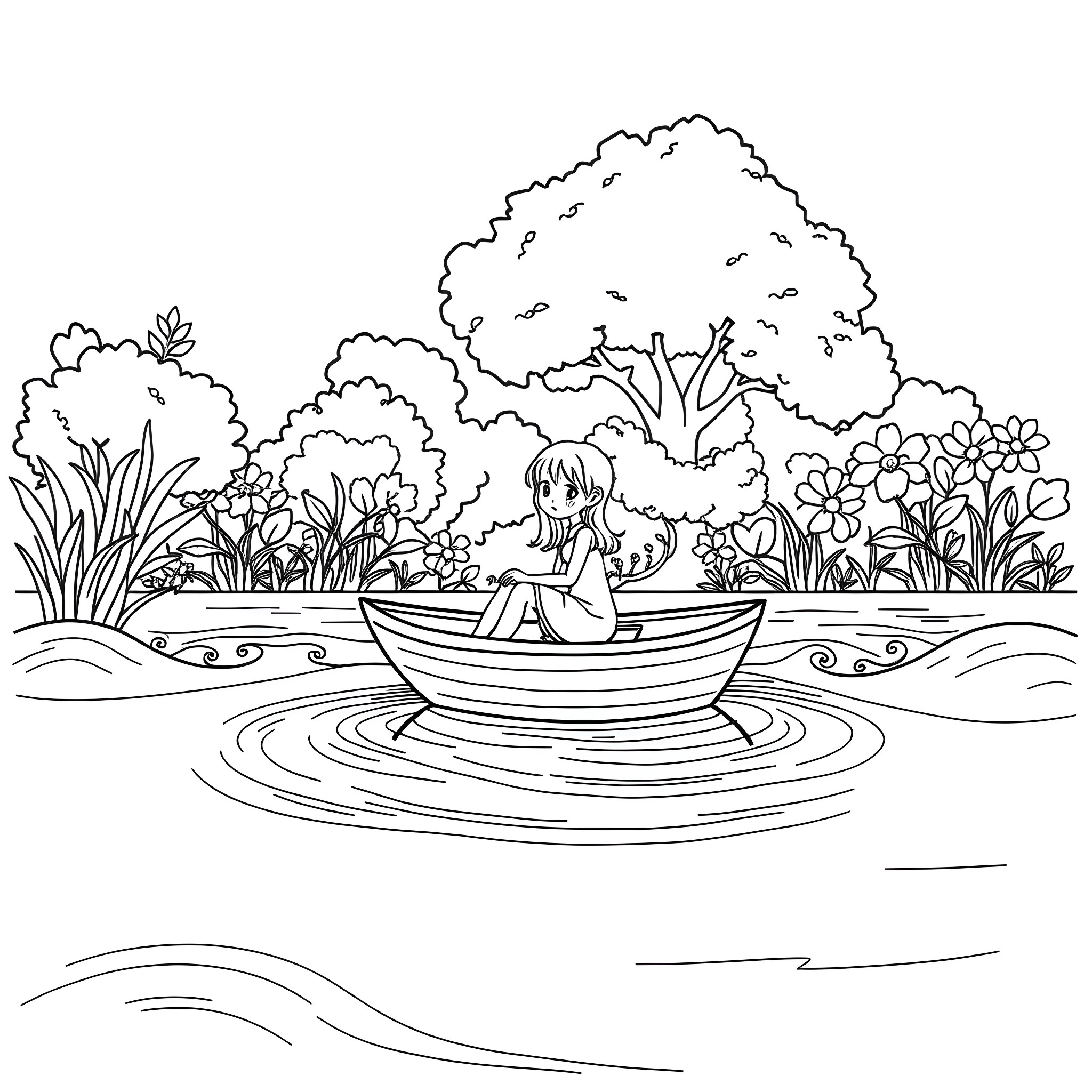 Girl Floating on a Boat in Nature Coloring Page (free black-and-white line drawing printable PDF for all, from beginners to advanced learners, including children, teens, adults, and seniors)