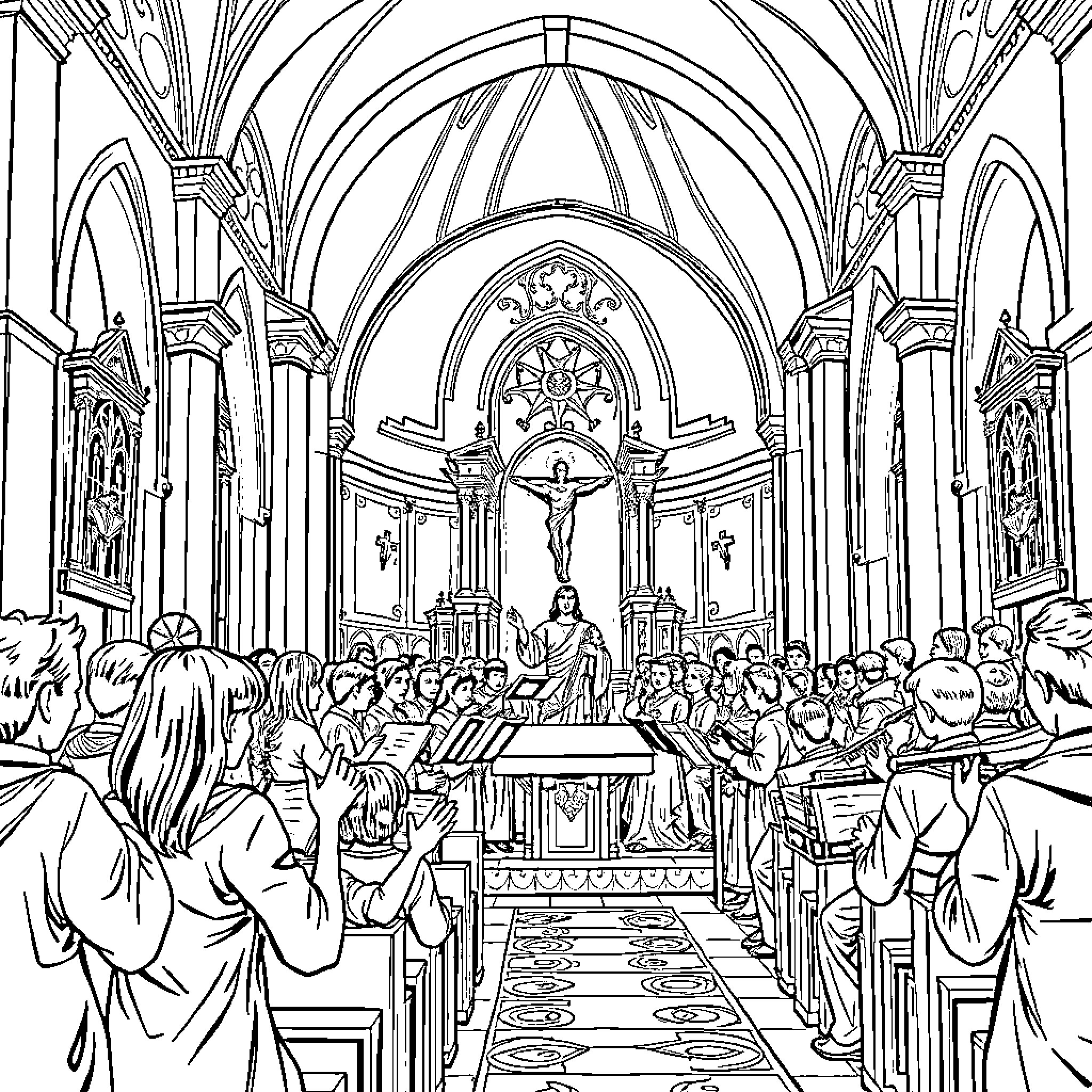 Tabernacle Choir performing sacred music in ornate church Coloring Page (free black-and-white line drawing printable PDF for all, from beginners to advanced learners, including children, teens, adults, and seniors)