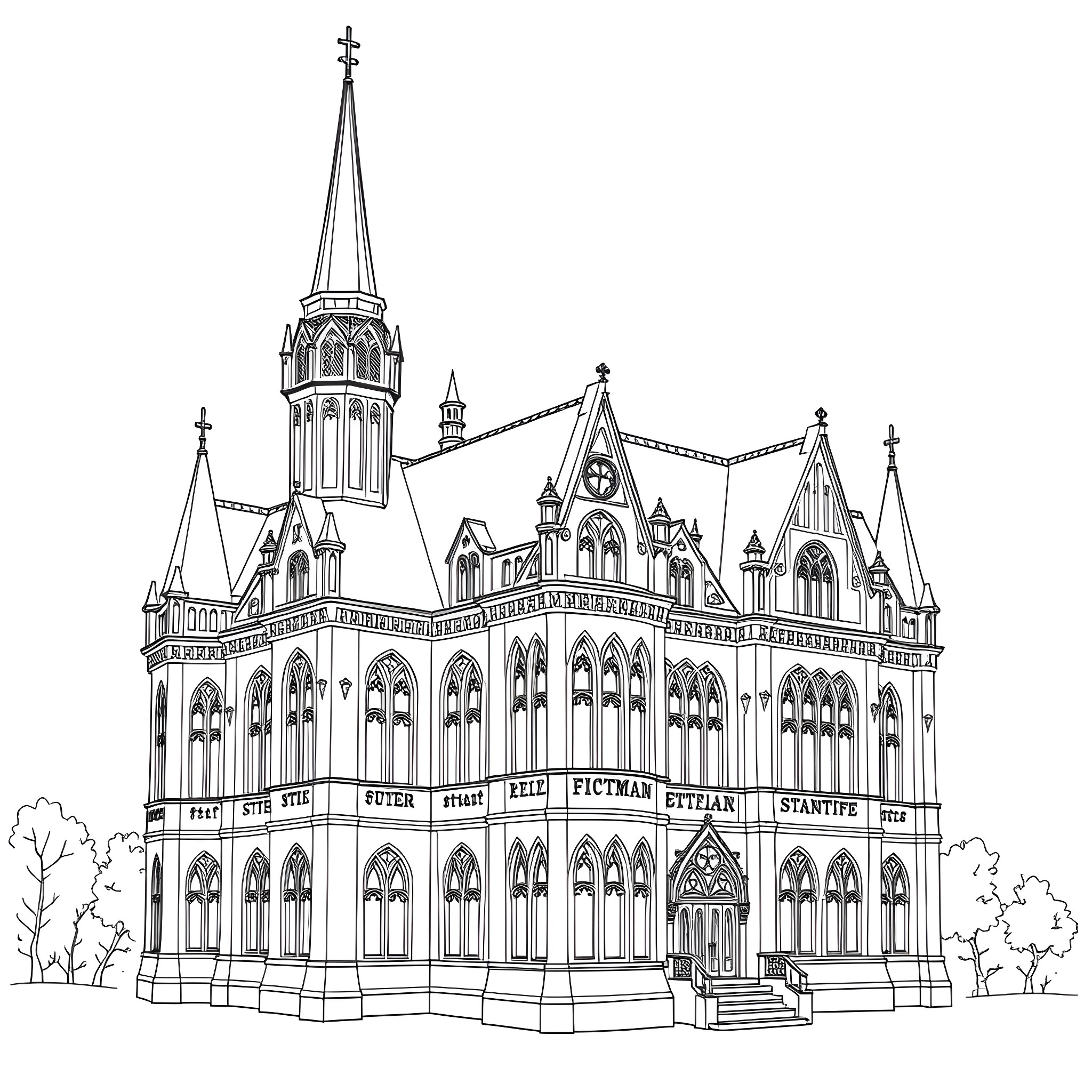 Mansion with intricate Gothic architectural details Coloring Page (free black-and-white line drawing printable PDF for all, from beginners to advanced learners, including children, teens, adults, and seniors)