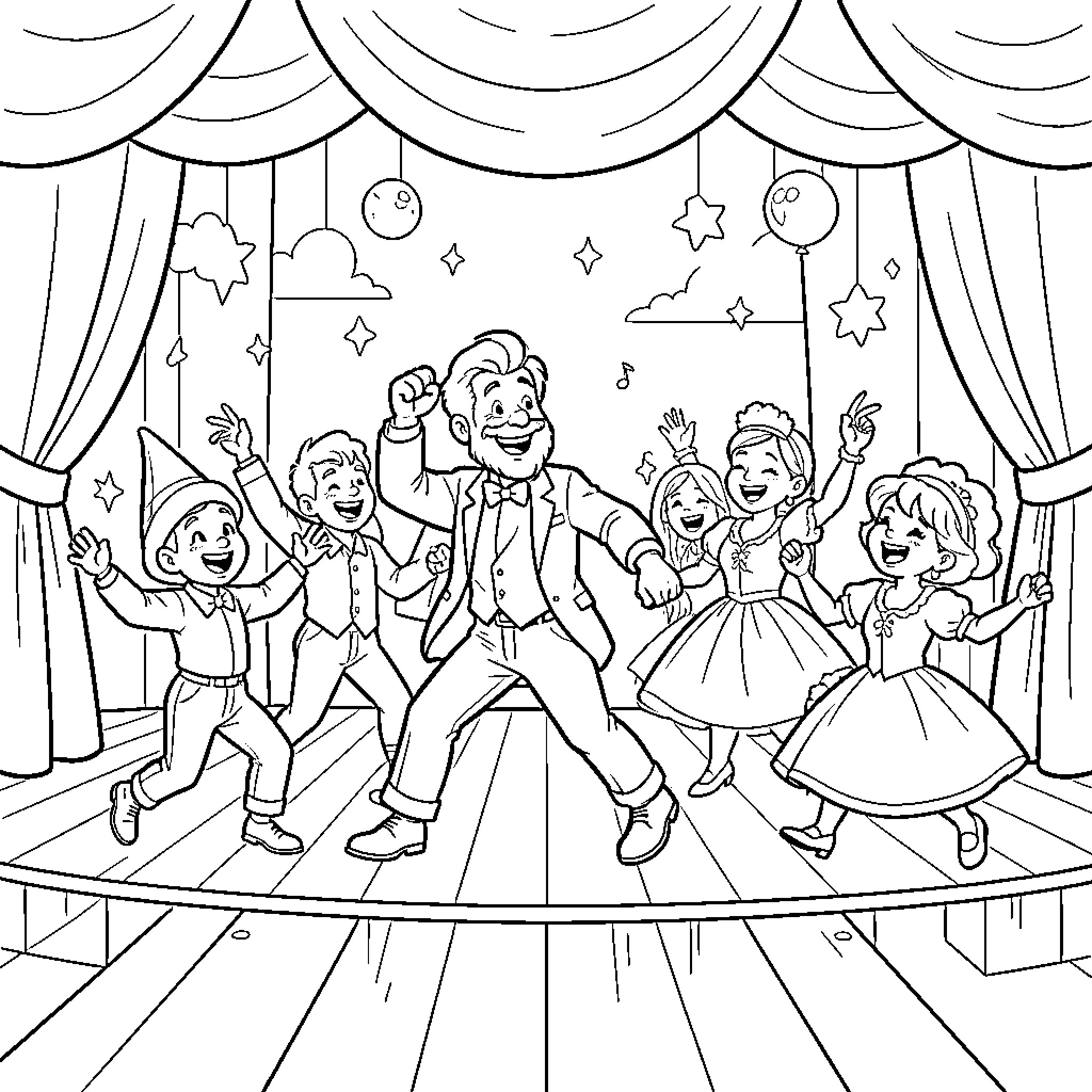 Blet Characters dancing joyfully on a theater stage Coloring Page (free black-and-white line drawing printable PDF for all, from beginners to advanced learners, including children, teens, adults, and seniors)