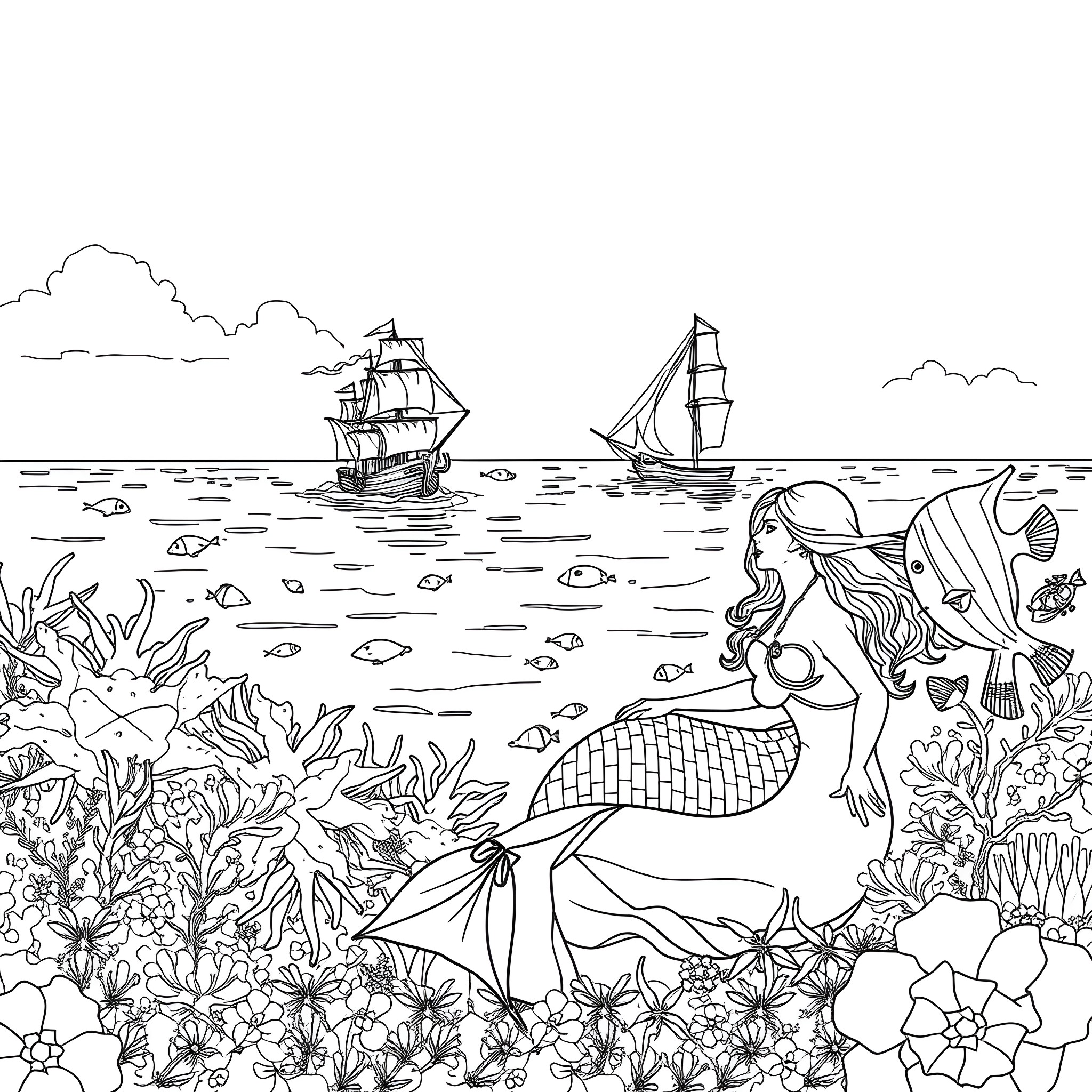 Mermaid swimming among ships and sea life Coloring Page (free black-and-white line drawing printable PDF for all, from beginners to advanced learners, including children, teens, adults, and seniors)