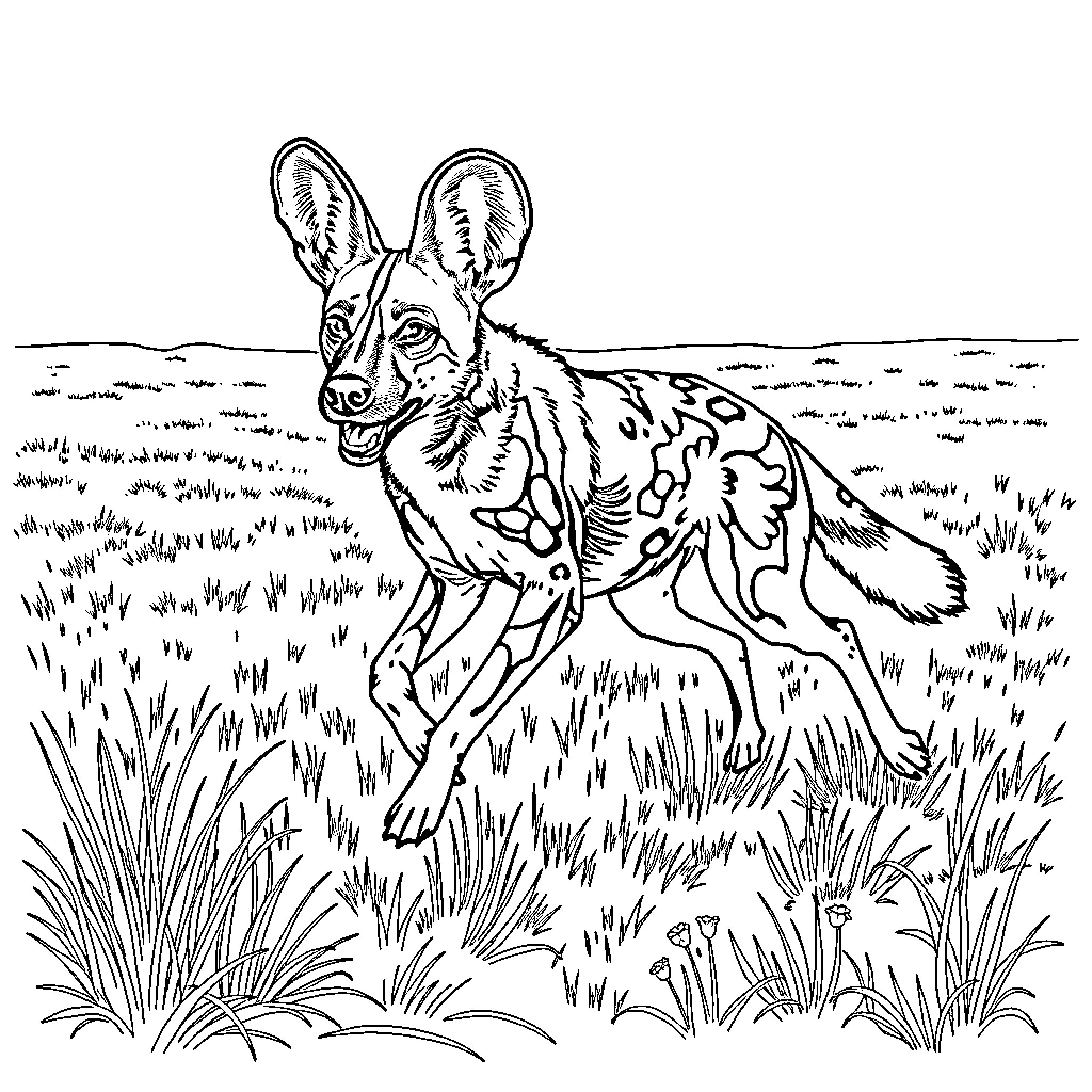 African Wild Dog Exploring the Grasslands Coloring Page (free black-and-white line drawing printable PDF for all, from beginners to advanced learners, including children, teens, adults, and seniors)