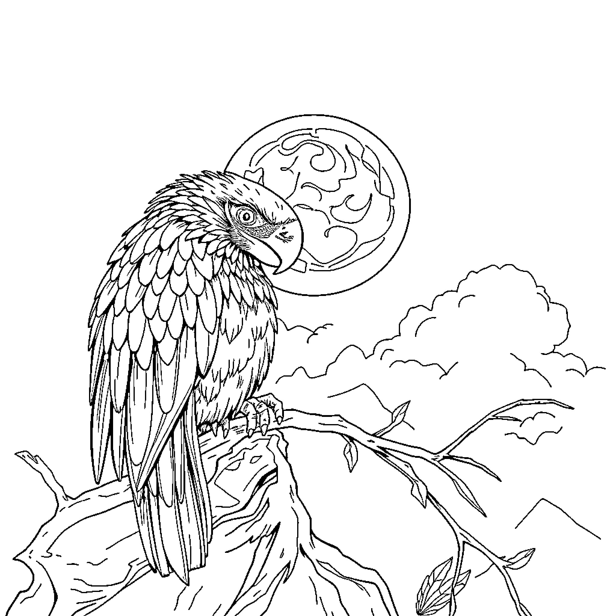 Bear parrot on branch against moonlit landscape Coloring Page (free black-and-white line drawing printable PDF for all, from beginners to advanced learners, including children, teens, adults, and seniors)