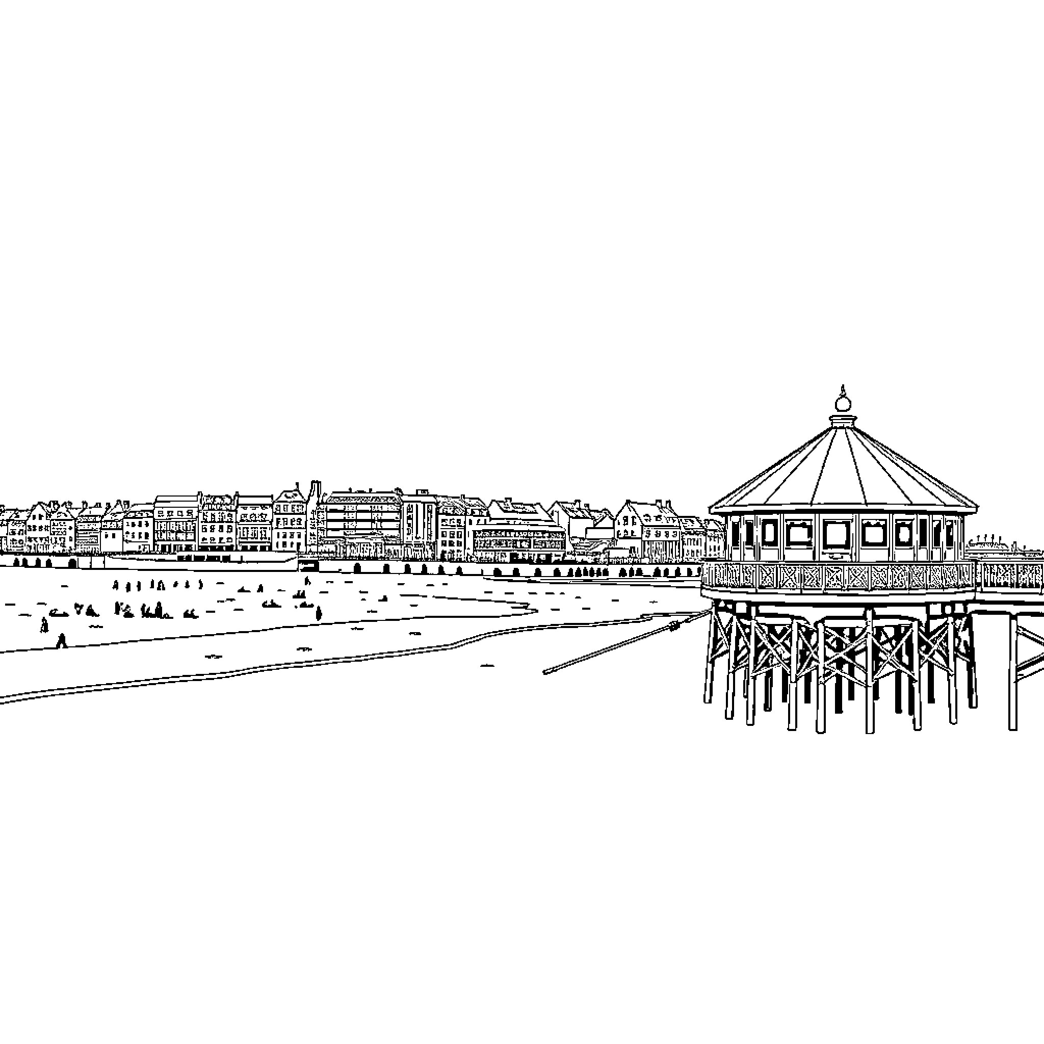 Eastbourne's Seaside Promenade and Pavilion Coloring Page (free black-and-white line drawing printable PDF for all, from beginners to advanced learners, including children, teens, adults, and seniors)