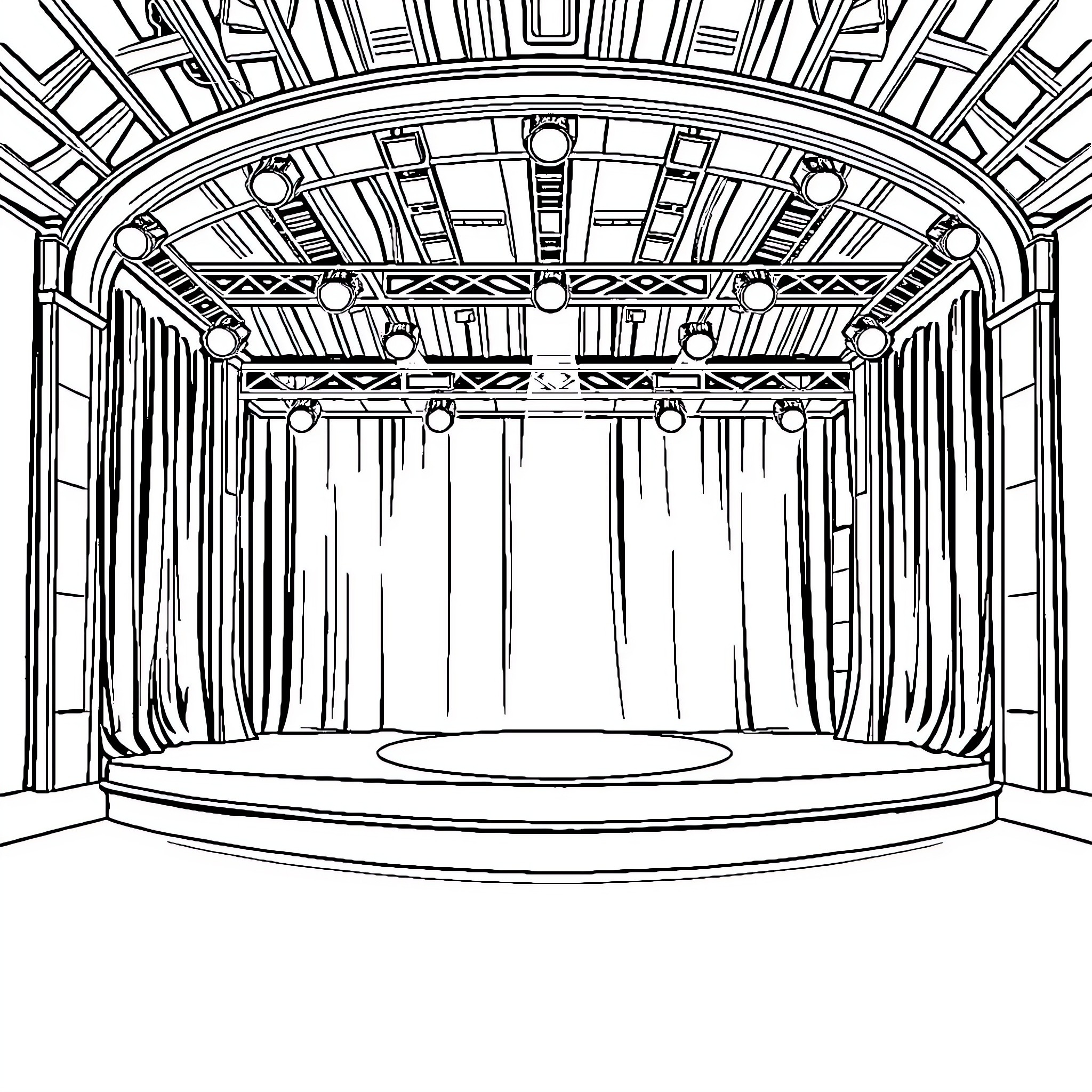 Stage with Curtain and Lighting Fixtures Coloring Page (free black-and-white line drawing printable PDF for all, from beginners to advanced learners, including children, teens, adults, and seniors)