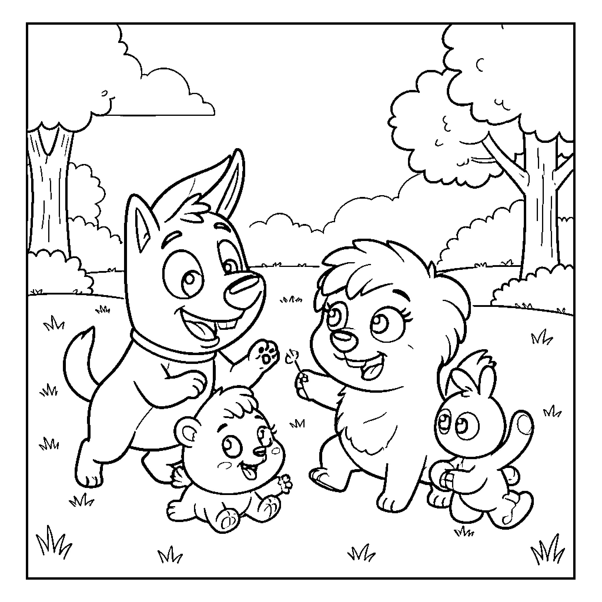 Bluey and friends enjoying a fun outdoor adventure Coloring Page (free black-and-white line drawing printable PDF for all, from beginners to advanced learners, including children, teens, adults, and seniors)