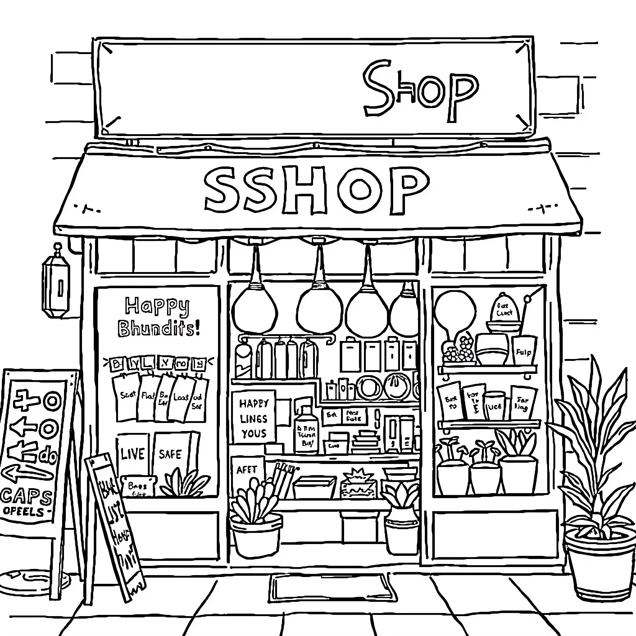 Shop with Diverse Merchandise and Signage Coloring Page (free black-and-white line drawing printable PDF for all, from beginners to advanced learners, including children, teens, adults, and seniors)