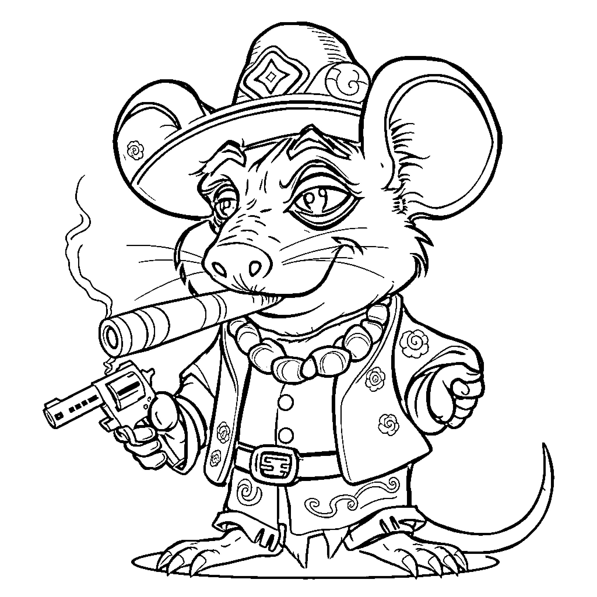 Mouse sheriff gunfighter in the wild west Coloring Page (free black-and-white line drawing printable PDF for all, from beginners to advanced learners, including children, teens, adults, and seniors)