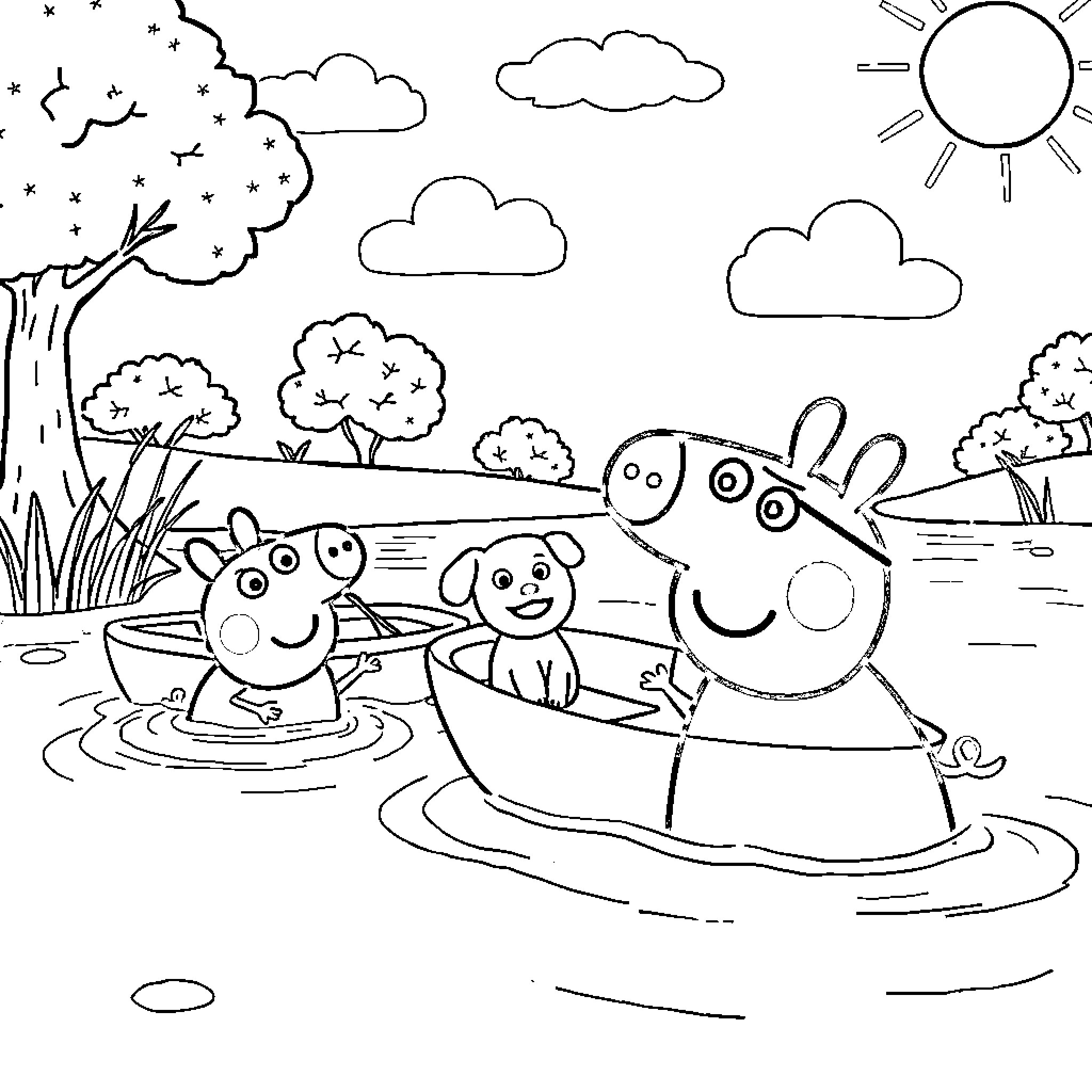 Peppa Pig and Friends Enjoying Nature Outdoor Adventure Coloring Page (free black-and-white line drawing printable PDF for all, from beginners to advanced learners, including children, teens, adults, and seniors)