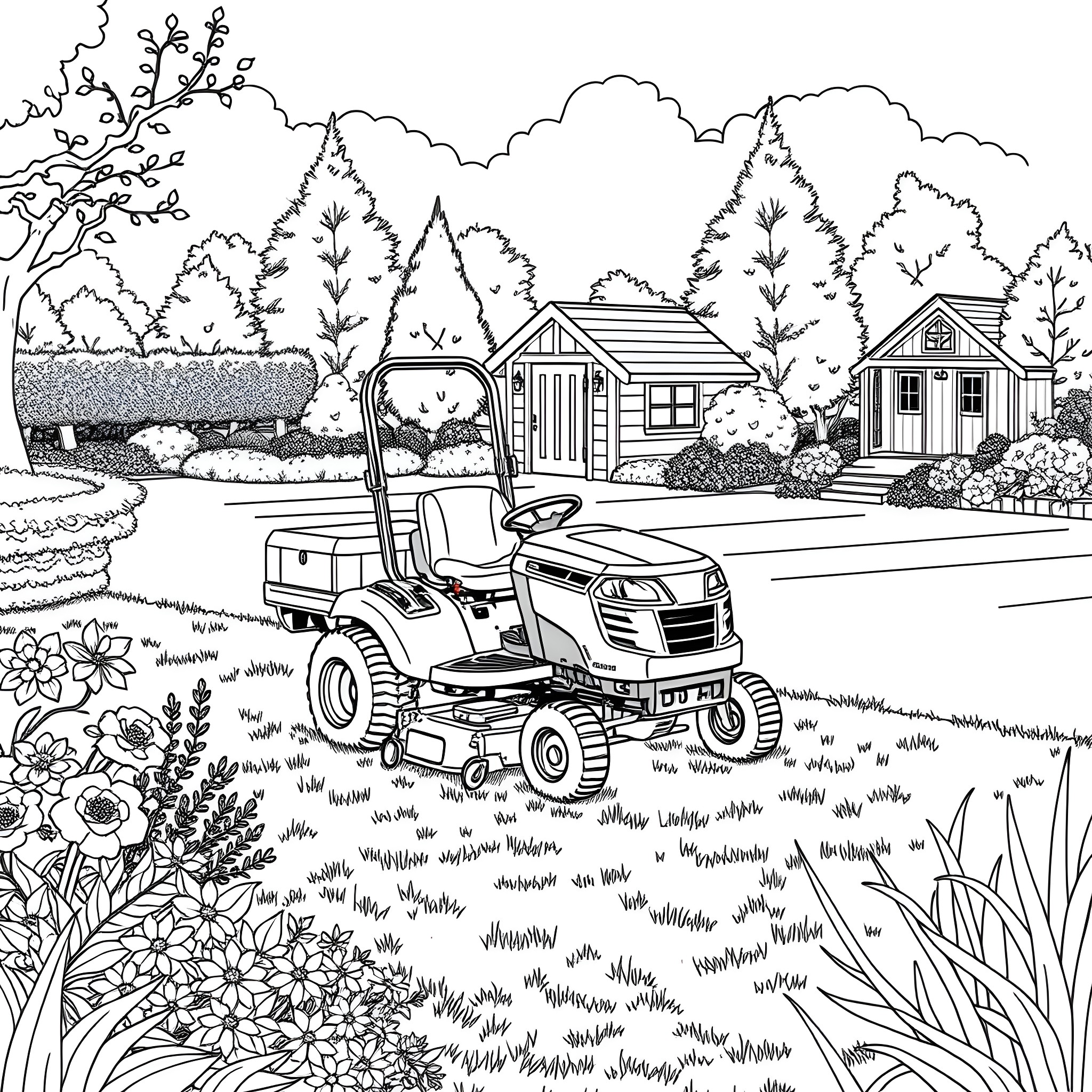 Utility Riding Mower in a Tranquil Country Landscape Coloring Page (free black-and-white line drawing printable PDF for all, from beginners to advanced learners, including children, teens, adults, and seniors)