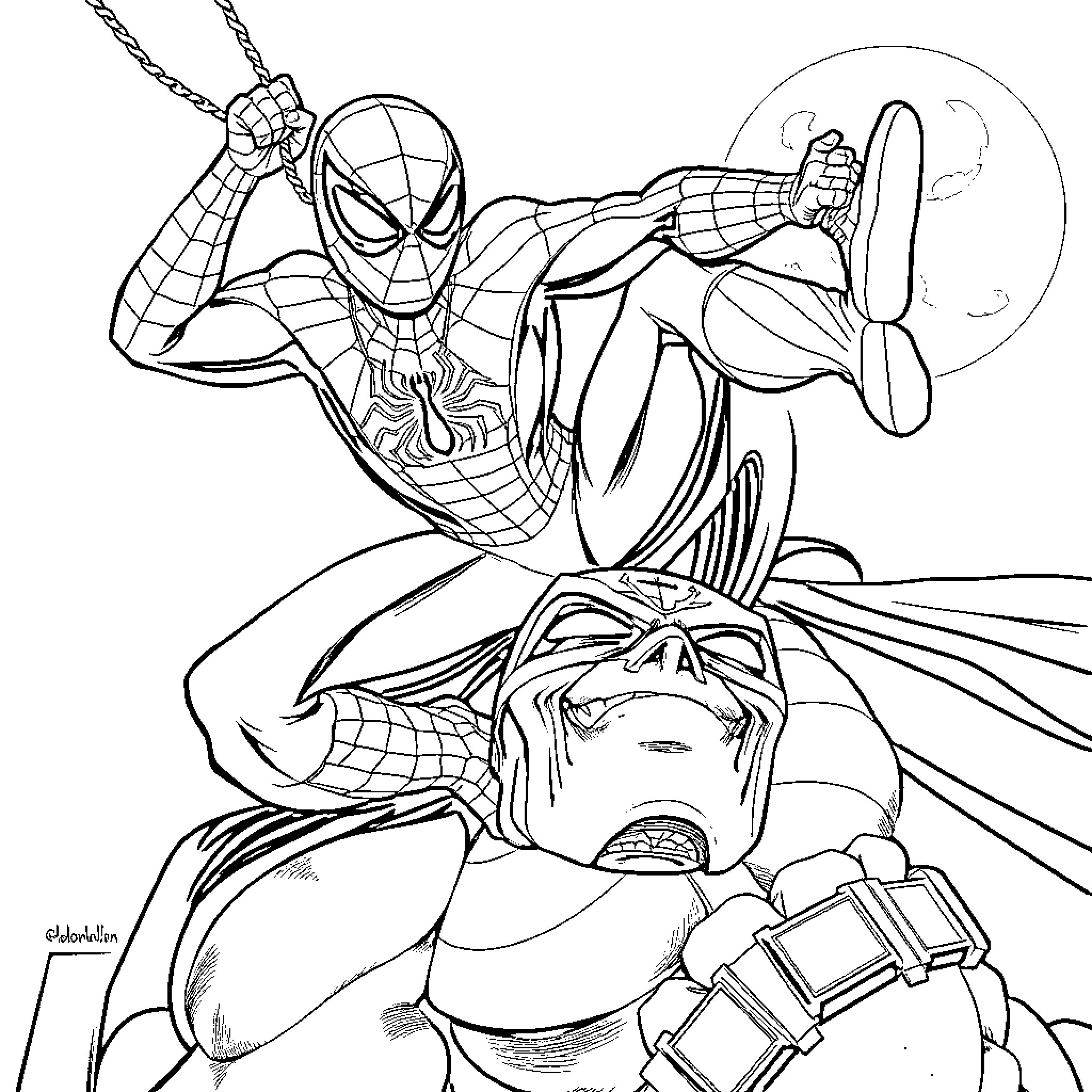 Spider-Man swinging into action against a foe Coloring Page (free black-and-white line drawing printable PDF for all, from beginners to advanced learners, including children, teens, adults, and seniors)