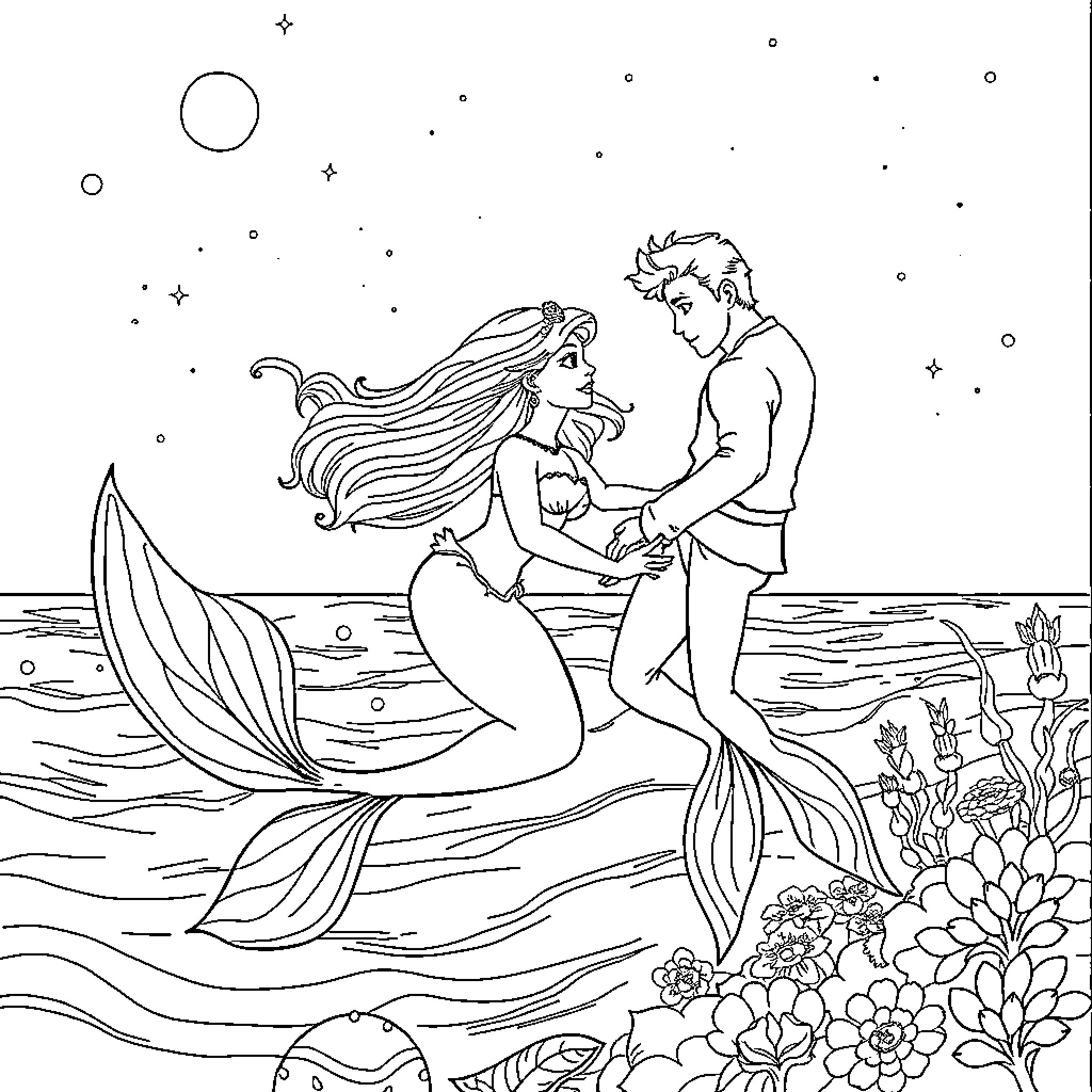 Mermaid and human embrace under the starry night Coloring Page (free black-and-white line drawing printable PDF for all, from beginners to advanced learners, including children, teens, adults, and seniors)