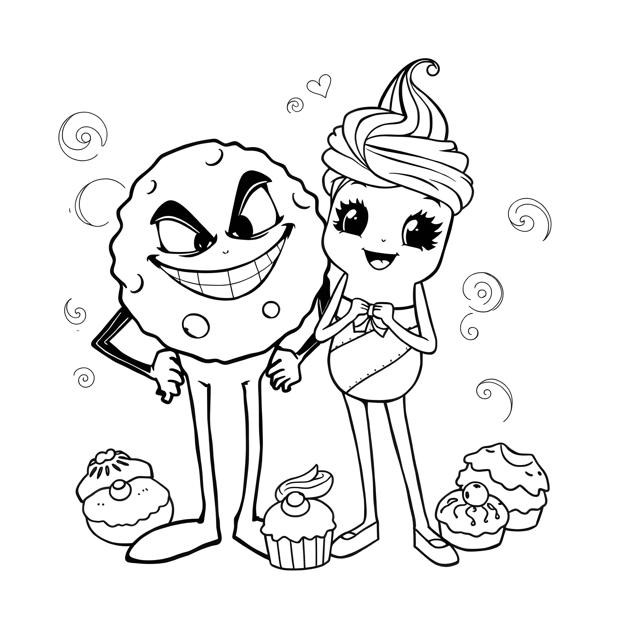 Cookie characters enjoying sweet treats together Coloring Page (free black-and-white line drawing printable PDF for all, from beginners to advanced learners, including children, teens, adults, and seniors)