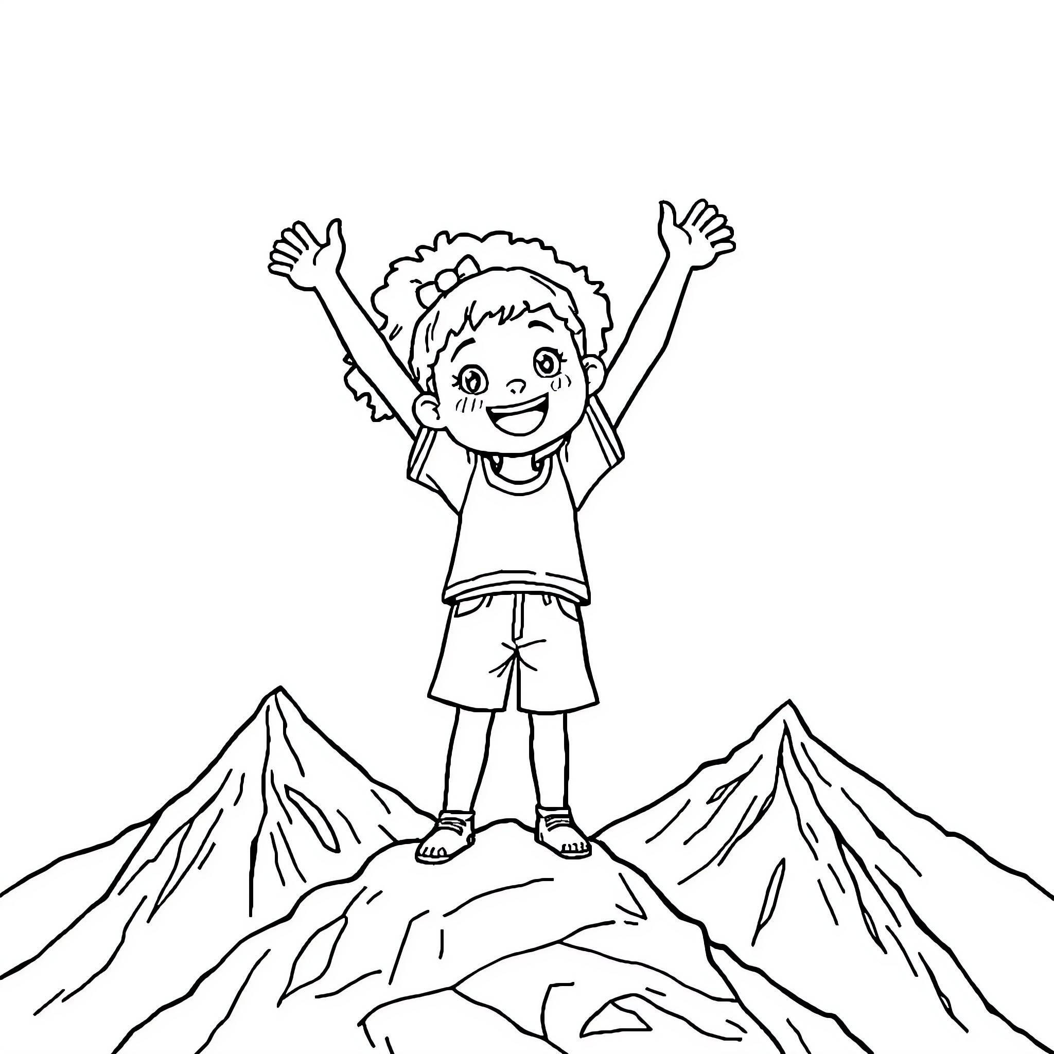 Girl celebrating achievement on mountain top Coloring Page (free black-and-white line drawing printable PDF for all, from beginners to advanced learners, including children, teens, adults, and seniors)