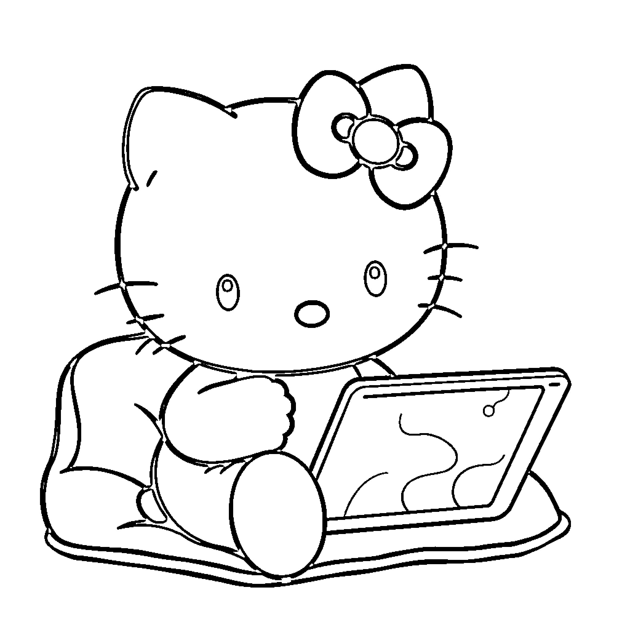 Hello Kitty using a laptop device Coloring Page (free black-and-white line drawing printable PDF for all, from beginners to advanced learners, including children, teens, adults, and seniors)