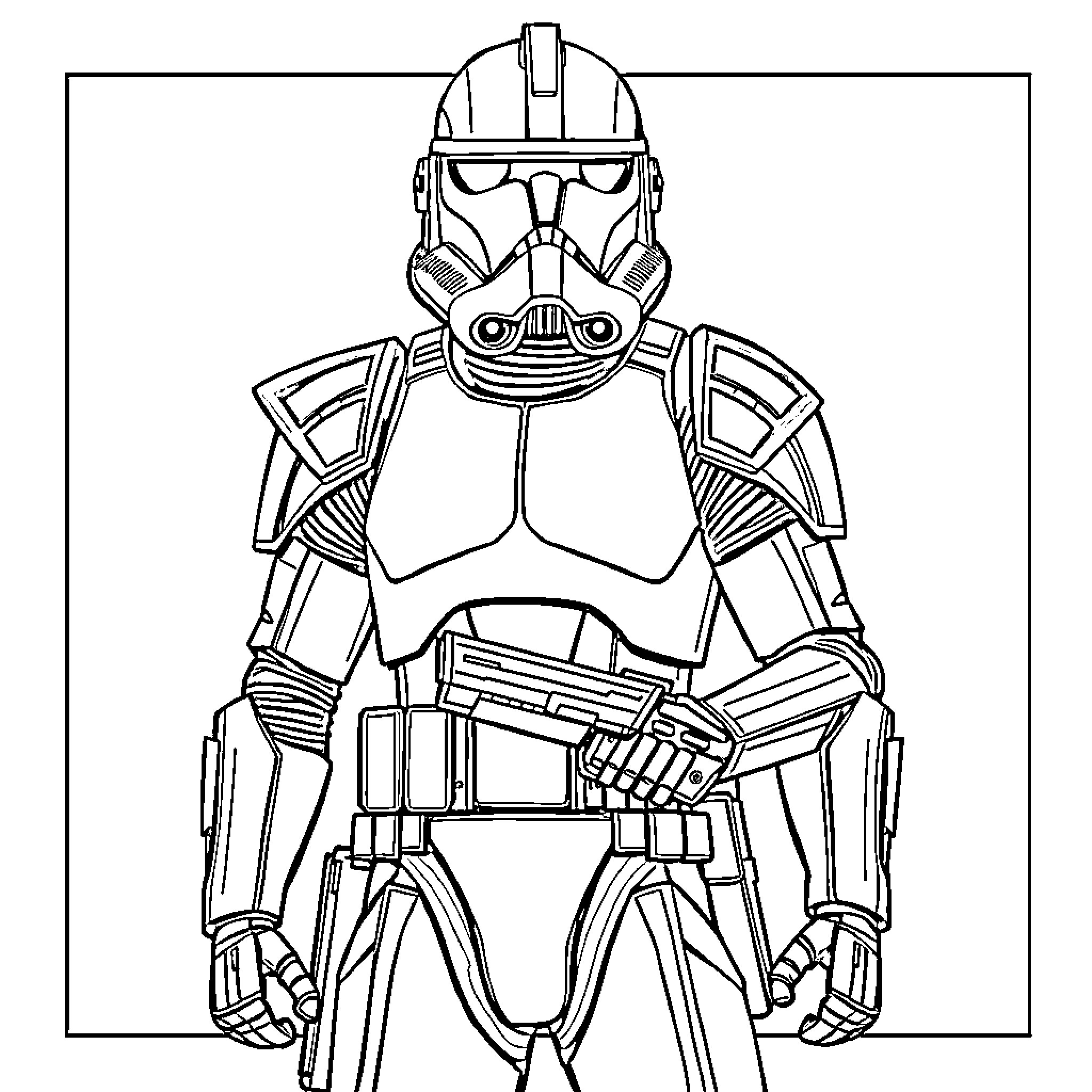 Clone Trooper in Full Tactical Gear Coloring Page (free black-and-white line drawing printable PDF for all, from beginners to advanced learners, including children, teens, adults, and seniors)