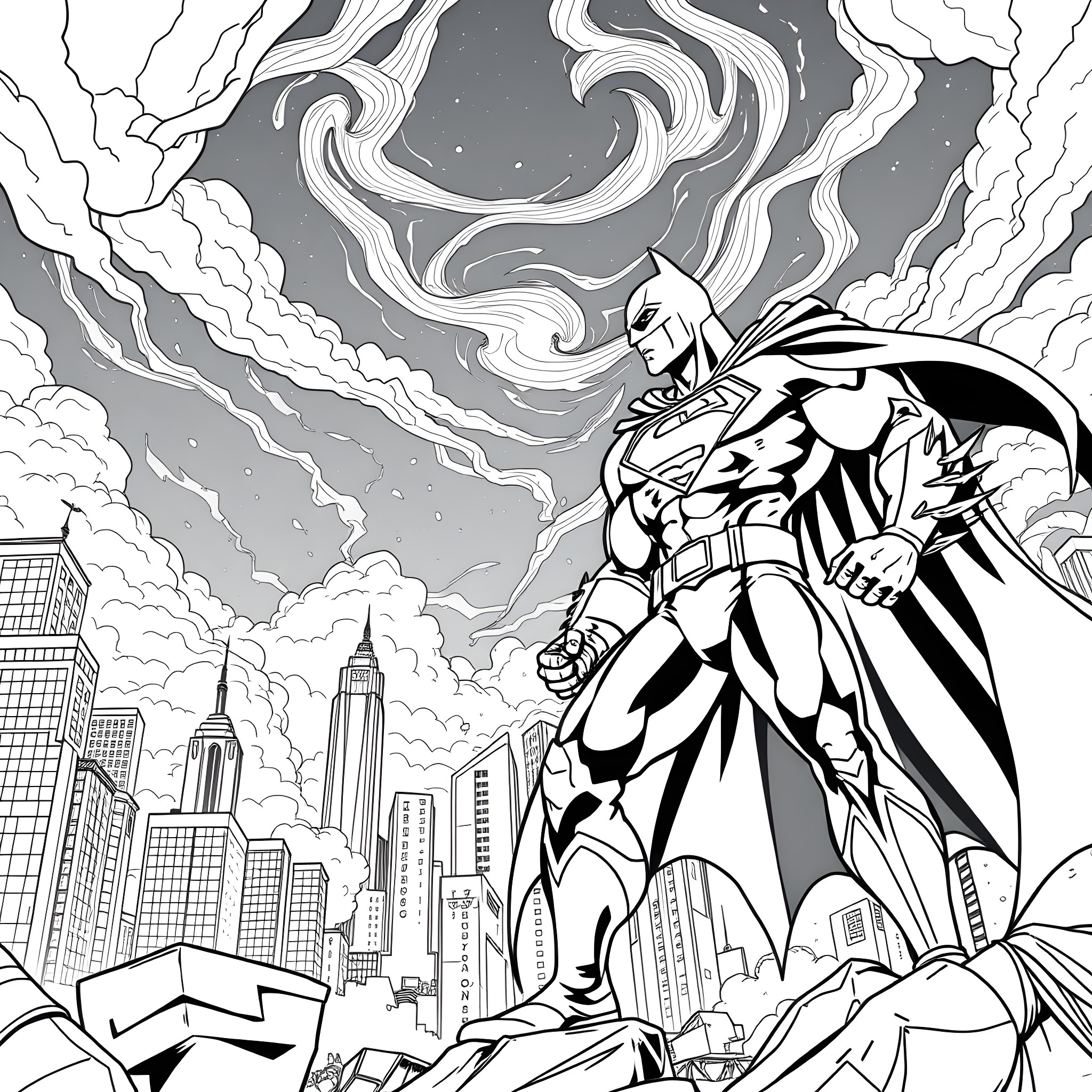 Batman Facing Adversity in the Cityscape Coloring Page (free black-and-white line drawing printable PDF for all, from beginners to advanced learners, including children, teens, adults, and seniors)