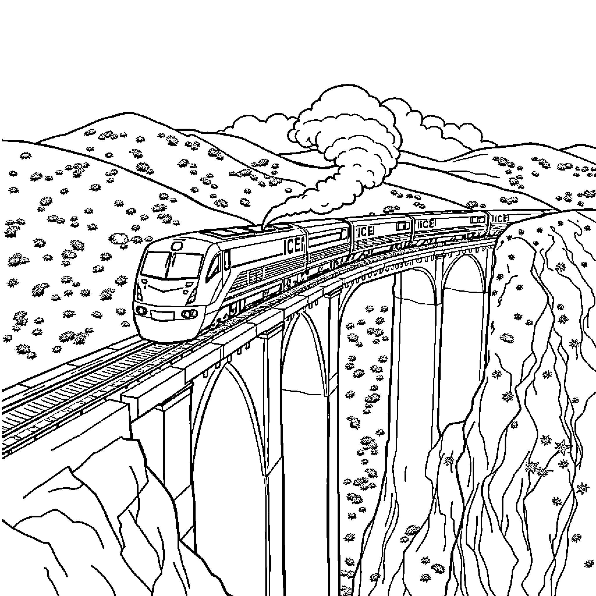 ICE Train crossing a mountainous landscape Coloring Page (free black-and-white line drawing printable PDF for all, from beginners to advanced learners, including children, teens, adults, and seniors)