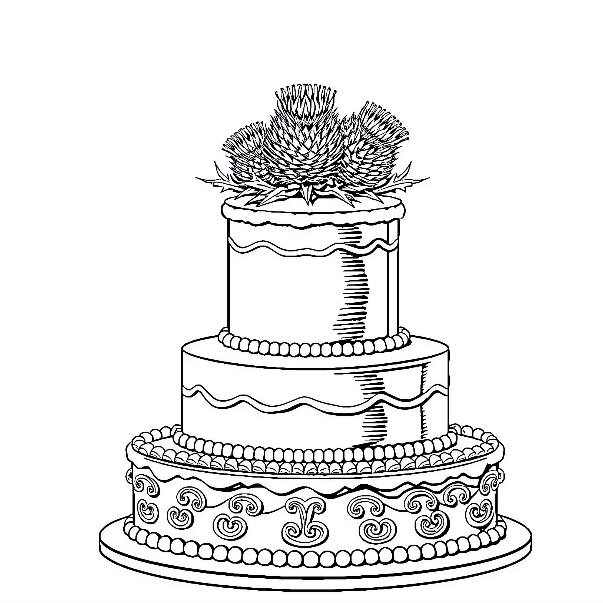 Wedding Cake with Elegant Floral Decor Coloring Page (free black-and-white line drawing printable PDF for all, from beginners to advanced learners, including children, teens, adults, and seniors)