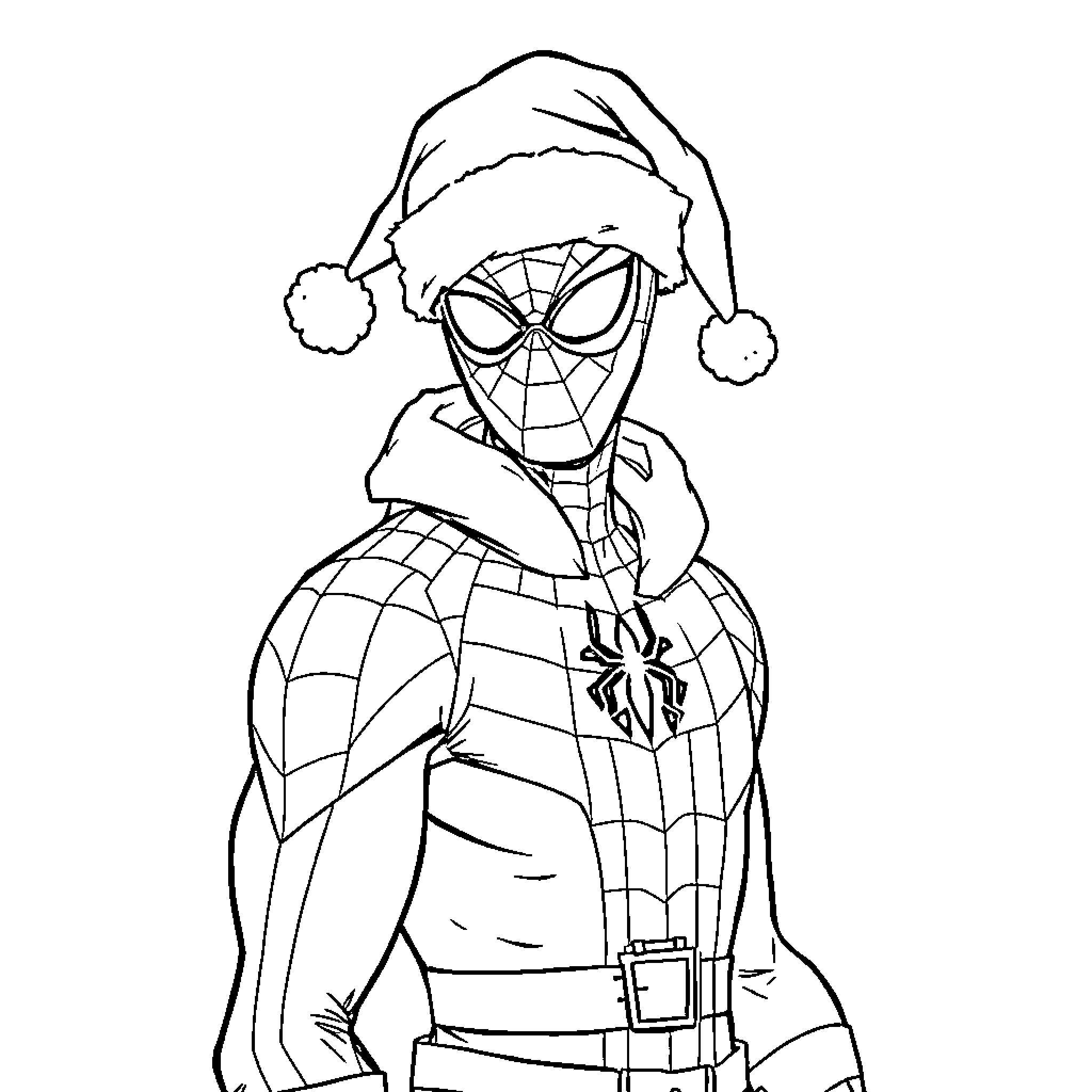 Spiderman in Christmas Costume Coloring Page (free black-and-white line drawing printable PDF for all, from beginners to advanced learners, including children, teens, adults, and seniors)