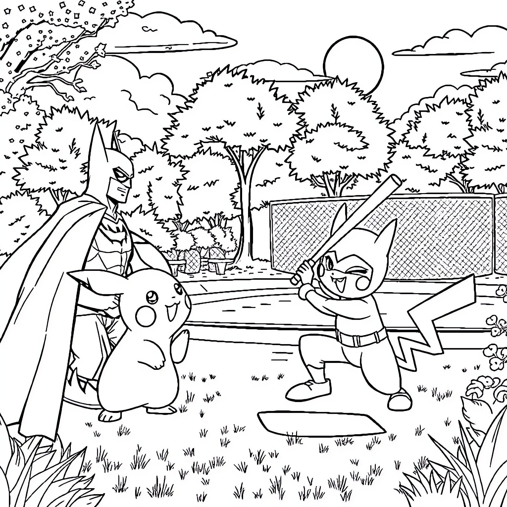 Pokémon characters in an outdoor setting Coloring Page (free black-and-white line drawing printable PDF for all, from beginners to advanced learners, including children, teens, adults, and seniors)