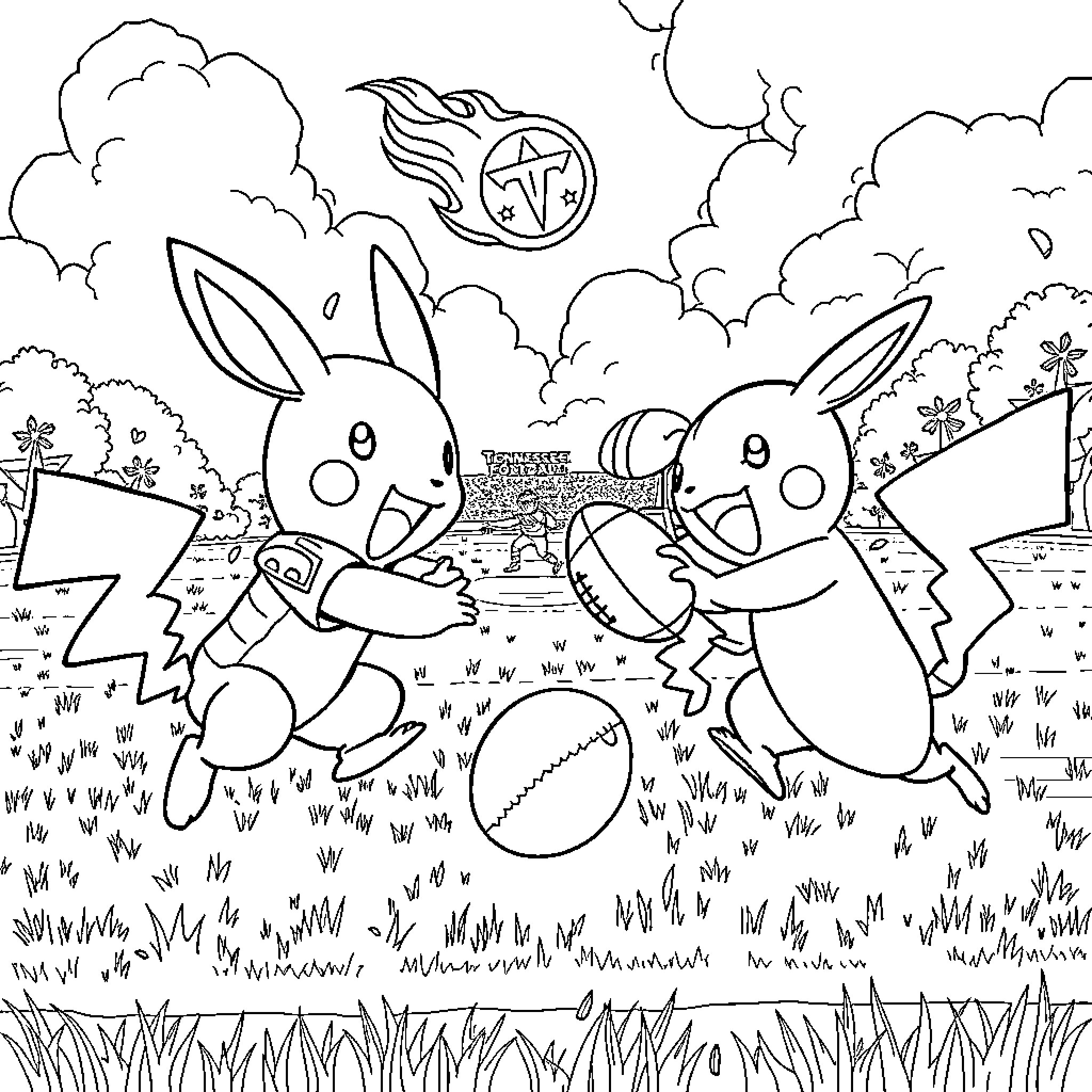 Pokémon Bunnies Playing Joyfully in Grassy Field Coloring Page (free black-and-white line drawing printable PDF for all, from beginners to advanced learners, including children, teens, adults, and seniors)