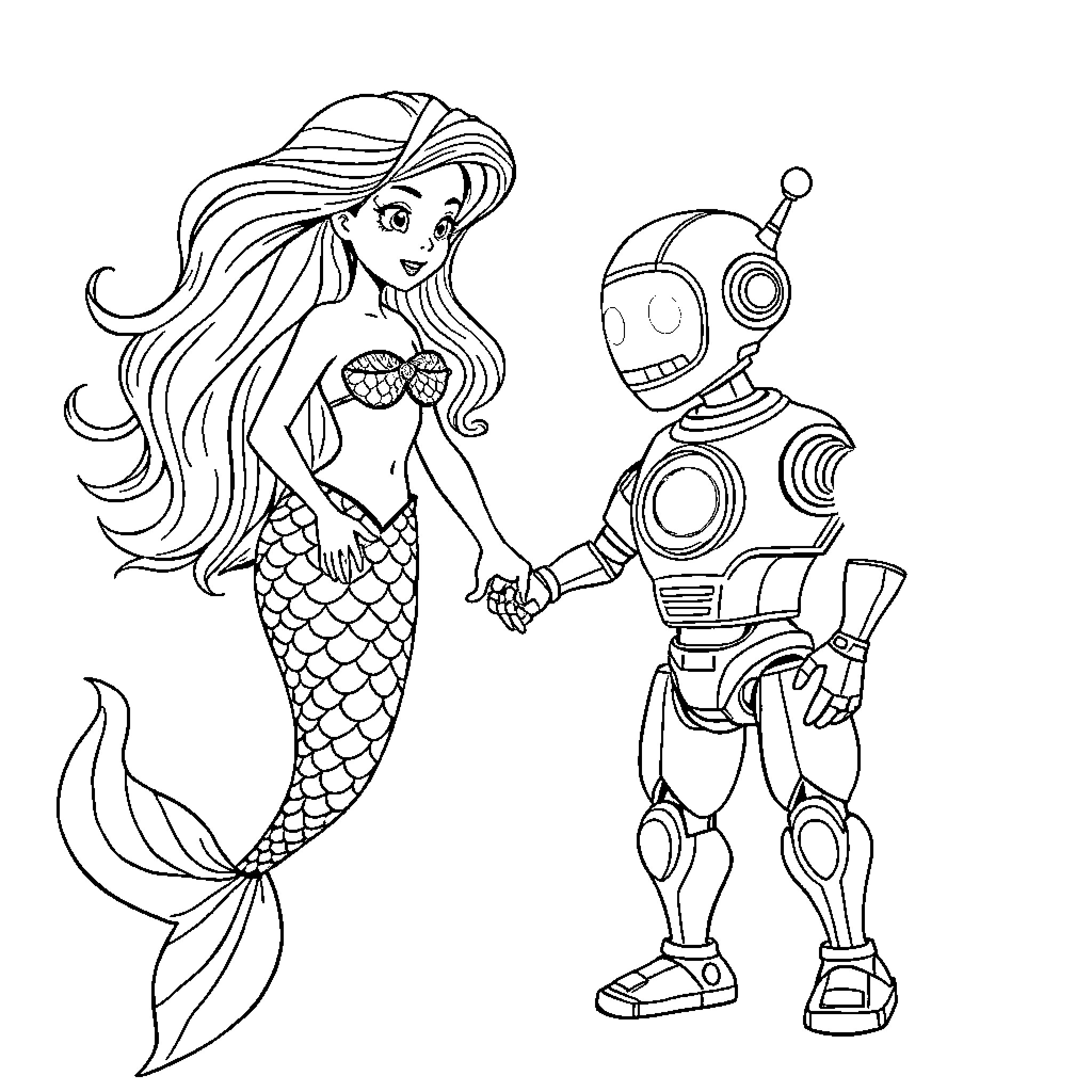 Mermaid befriending a robot in the ocean Coloring Page (free black-and-white line drawing printable PDF for all, from beginners to advanced learners, including children, teens, adults, and seniors)