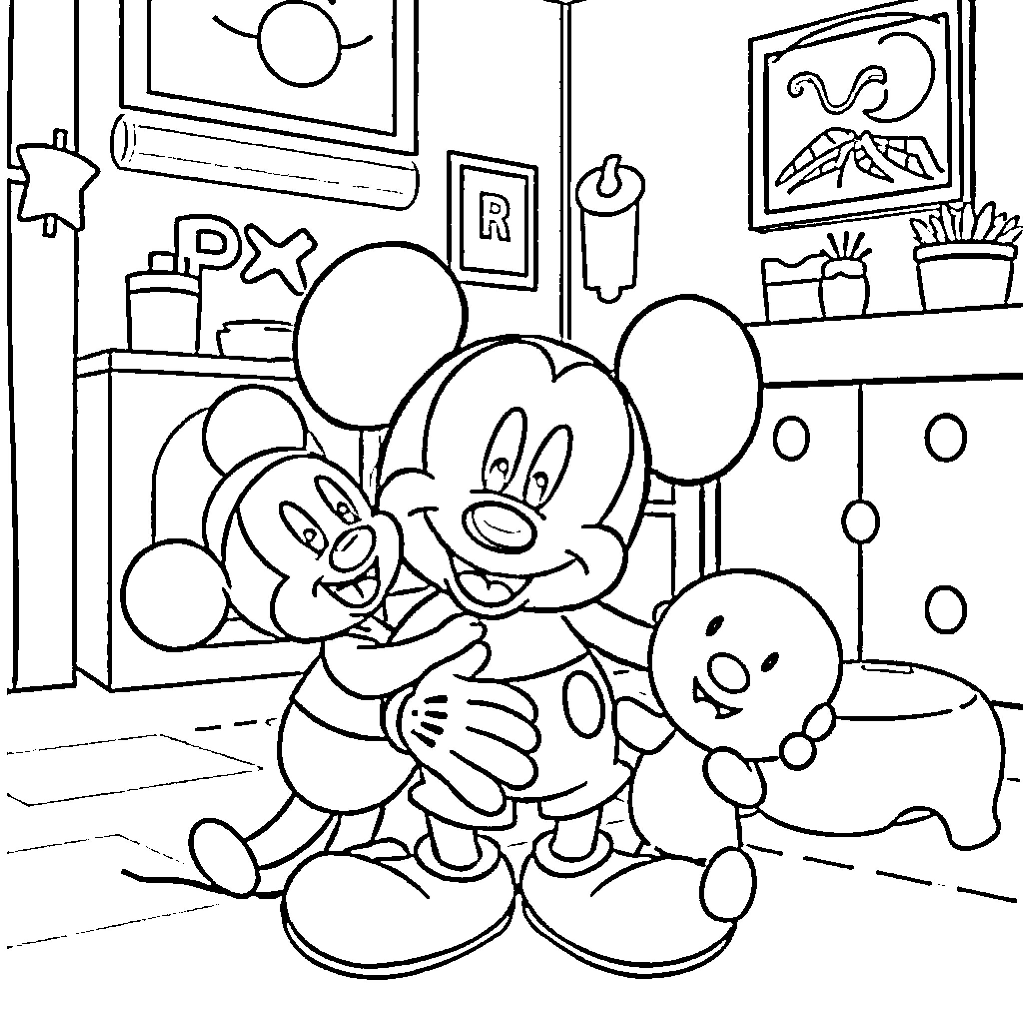Mickey and friends having a playful time Coloring Page (free black-and-white line drawing printable PDF for all, from beginners to advanced learners, including children, teens, adults, and seniors)