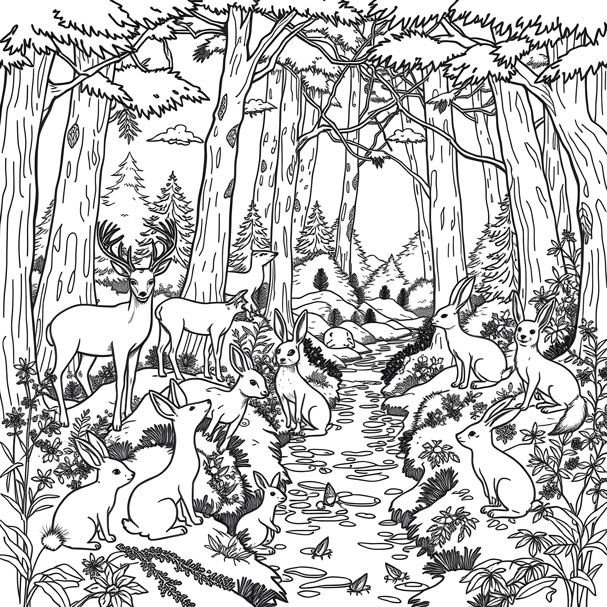 Forest Animal Sanctuary with Deer, Rabbits, and Birds Coloring Page (free black-and-white line drawing printable PDF for all, from beginners to advanced learners, including children, teens, adults, and seniors)