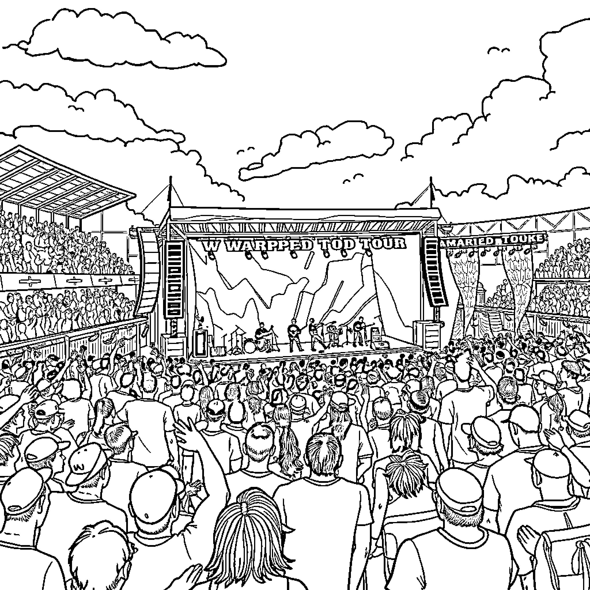 Warped Tour: Lively crowd at outdoor music festival Coloring Page (free black-and-white line drawing printable PDF for all, from beginners to advanced learners, including children, teens, adults, and seniors)