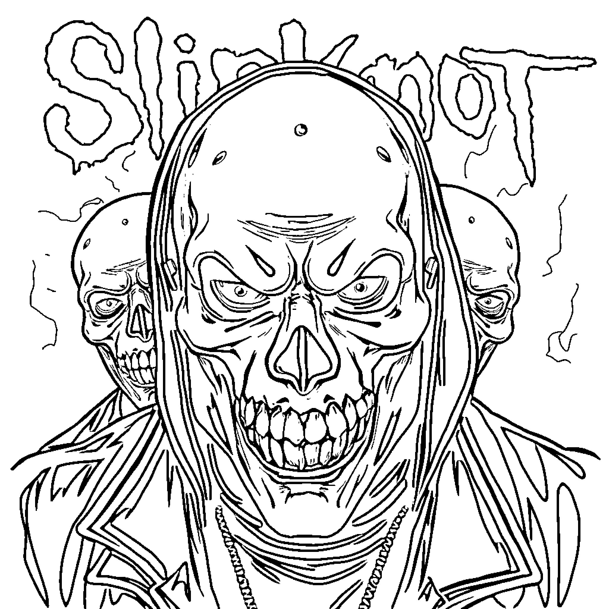 Slipknot band members in sinister outfits and expressions Coloring Page (free black-and-white line drawing printable PDF for all, from beginners to advanced learners, including children, teens, adults, and seniors)
