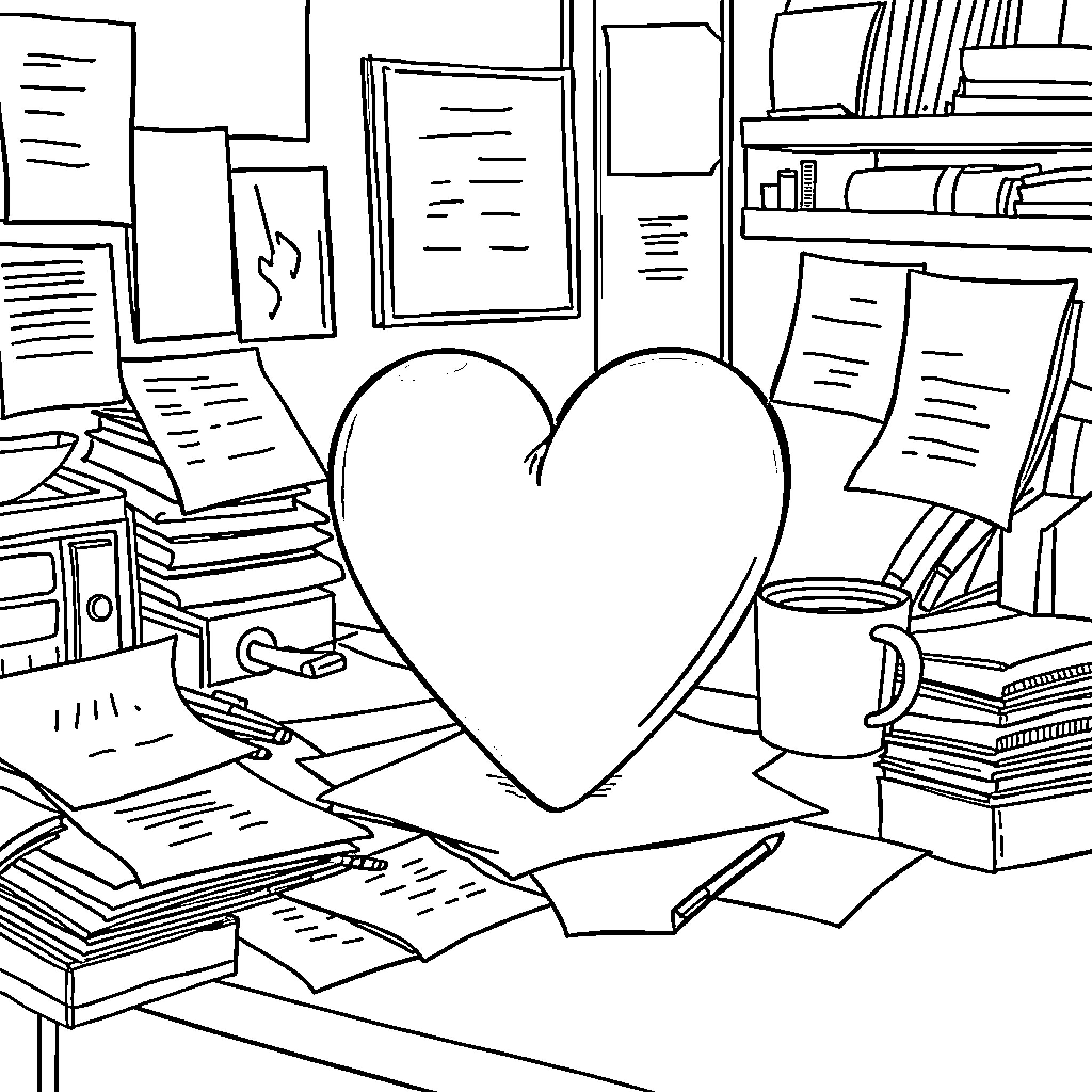 Loveheart in Cozy Reading Nook Coloring Page (free black-and-white line drawing printable PDF for all, from beginners to advanced learners, including children, teens, adults, and seniors)