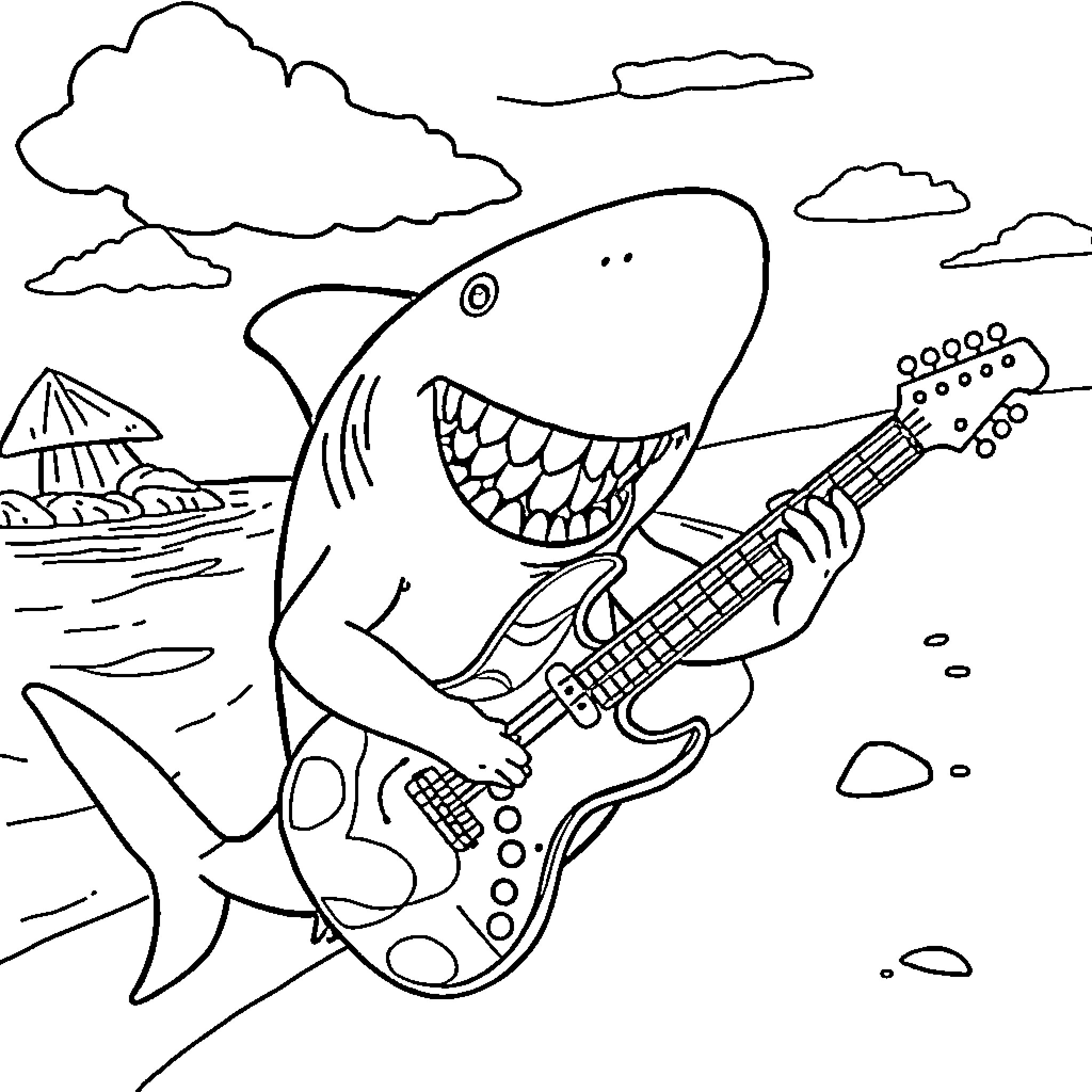 Shark playing electric guitar on the beach Coloring Page (free black-and-white line drawing printable PDF for all, from beginners to advanced learners, including children, teens, adults, and seniors)