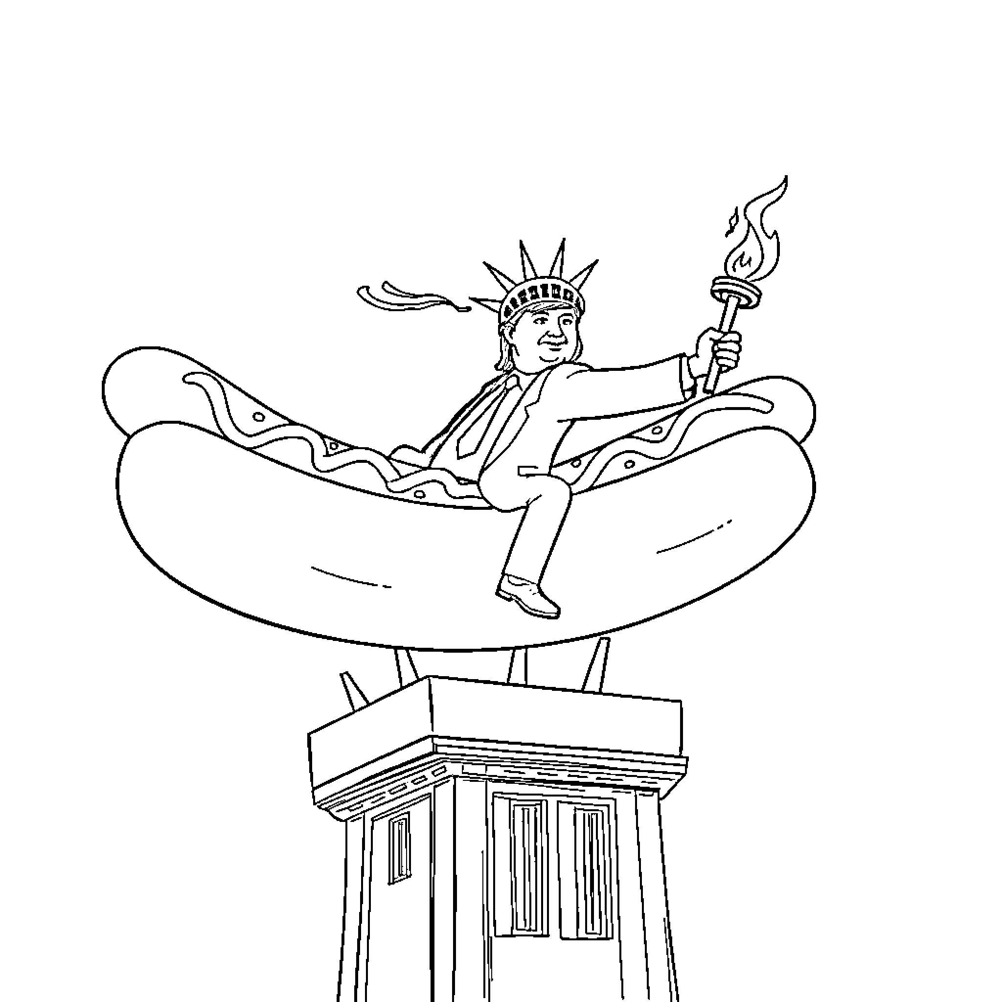 Trump relaxing on a giant hot dog statue Coloring Page (free black-and-white line drawing printable PDF for all, from beginners to advanced learners, including children, teens, adults, and seniors)