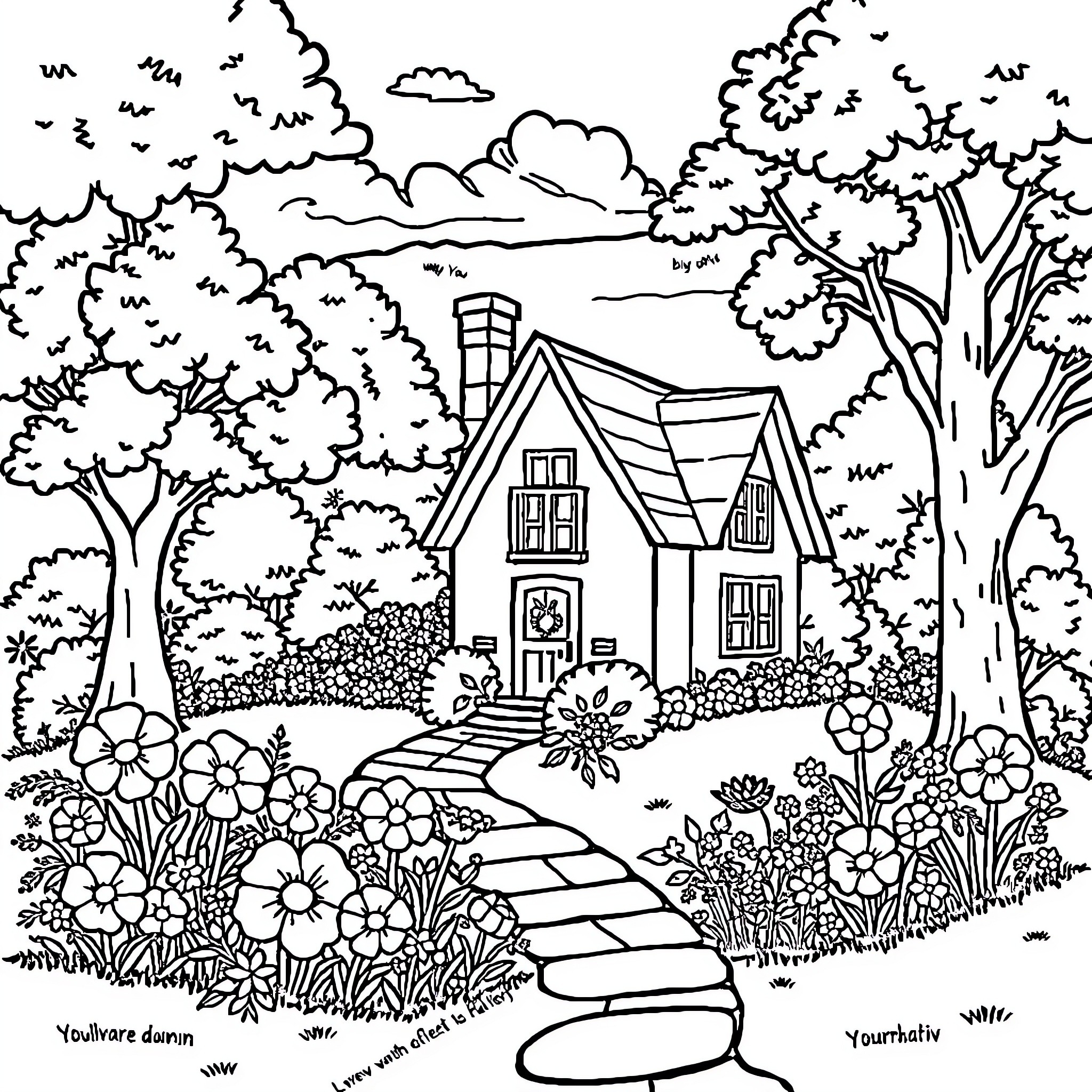 House in a Lush Floral Garden Coloring Page (free black-and-white line drawing printable PDF for all, from beginners to advanced learners, including children, teens, adults, and seniors)