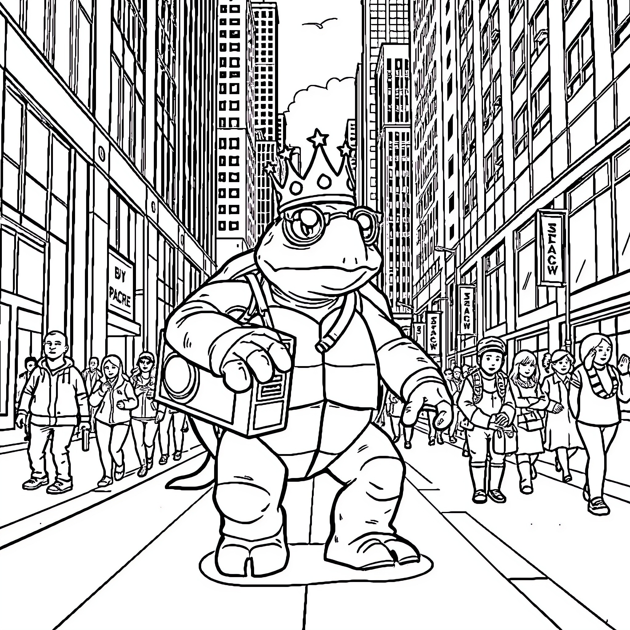 Turtle in City Streets Wearing a Crown Coloring Page (free black-and-white line drawing printable PDF for all, from beginners to advanced learners, including children, teens, adults, and seniors)