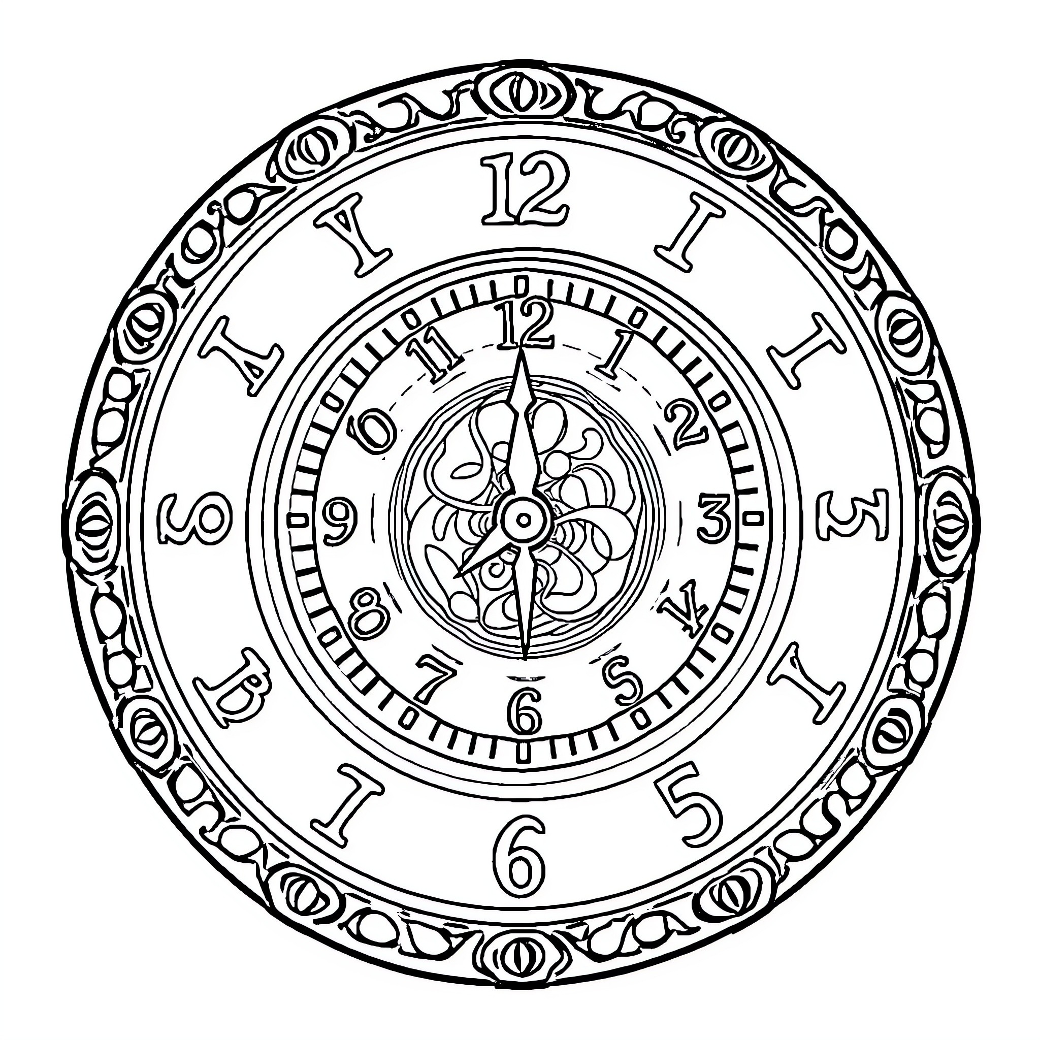 Hour of Ornate Clock Motif Coloring Page (free black-and-white line drawing printable PDF for all, from beginners to advanced learners, including children, teens, adults, and seniors)