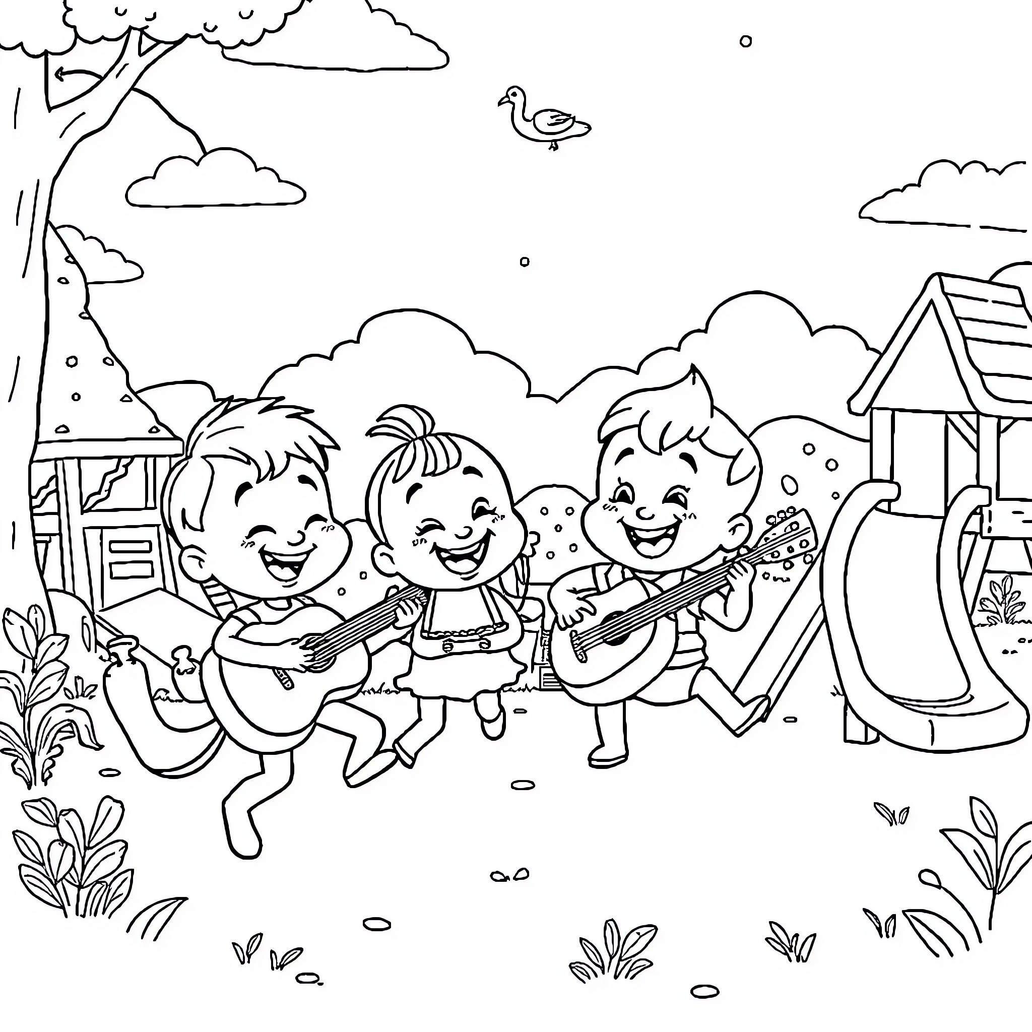Character Happily Playing Music in the Outdoors Coloring Page (free black-and-white line drawing printable PDF for all, from beginners to advanced learners, including children, teens, adults, and seniors)