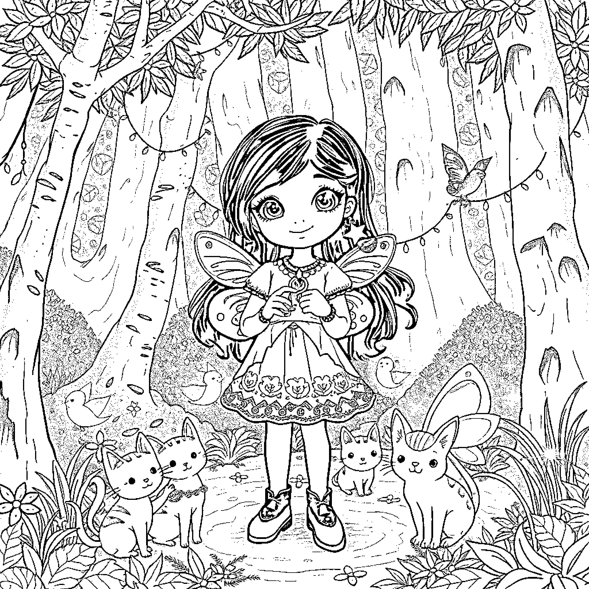 Gabby's Magical Forest Adventure Coloring Page (free black-and-white line drawing printable PDF for all, from beginners to advanced learners, including children, teens, adults, and seniors)