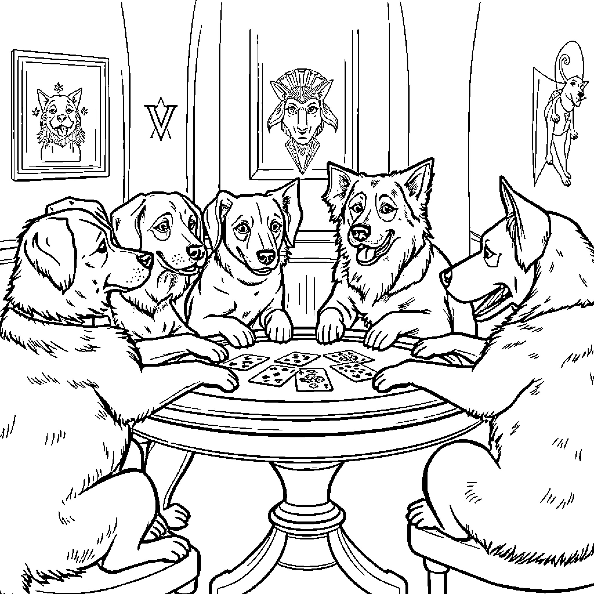 Dog Companions Playing Cards Together in Cozy Room Coloring Page (free black-and-white line drawing printable PDF for all, from beginners to advanced learners, including children, teens, adults, and seniors)
