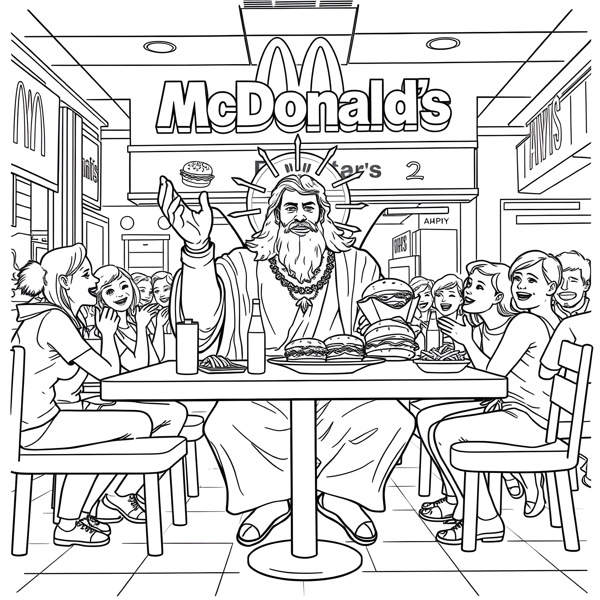 God's Joyful Feast at the Golden Arches Coloring Page (free black-and-white line drawing printable PDF for all, from beginners to advanced learners, including children, teens, adults, and seniors)