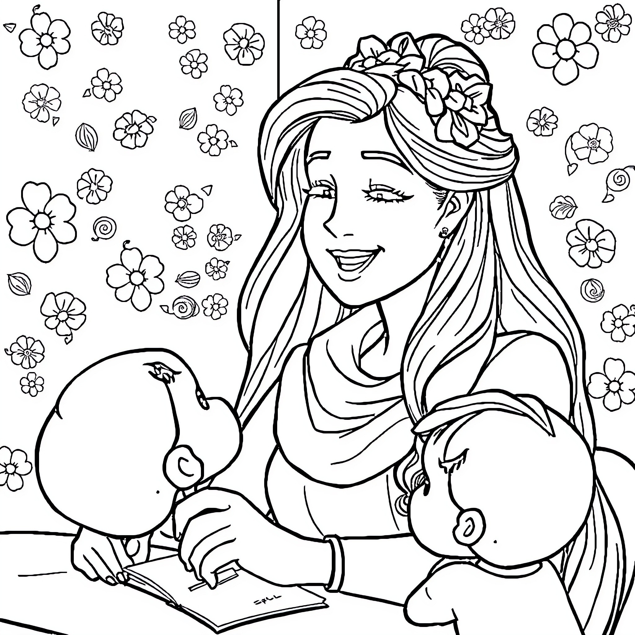Teacher reading to students in a floral garden Coloring Page (free black-and-white line drawing printable PDF for all, from beginners to advanced learners, including children, teens, adults, and seniors)