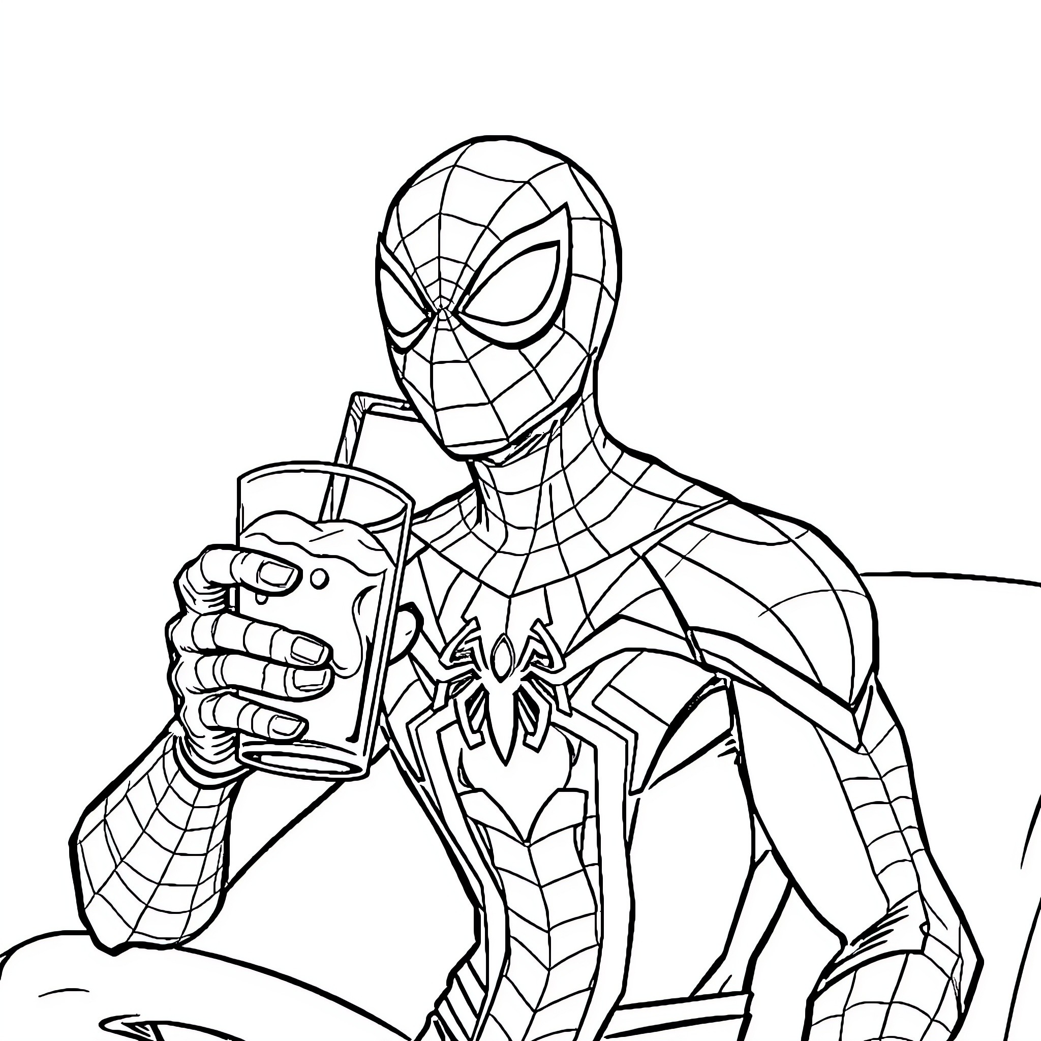 Spider-Man enjoying a refreshing beverage Coloring Page (free black-and-white line drawing printable PDF for all, from beginners to advanced learners, including children, teens, adults, and seniors)